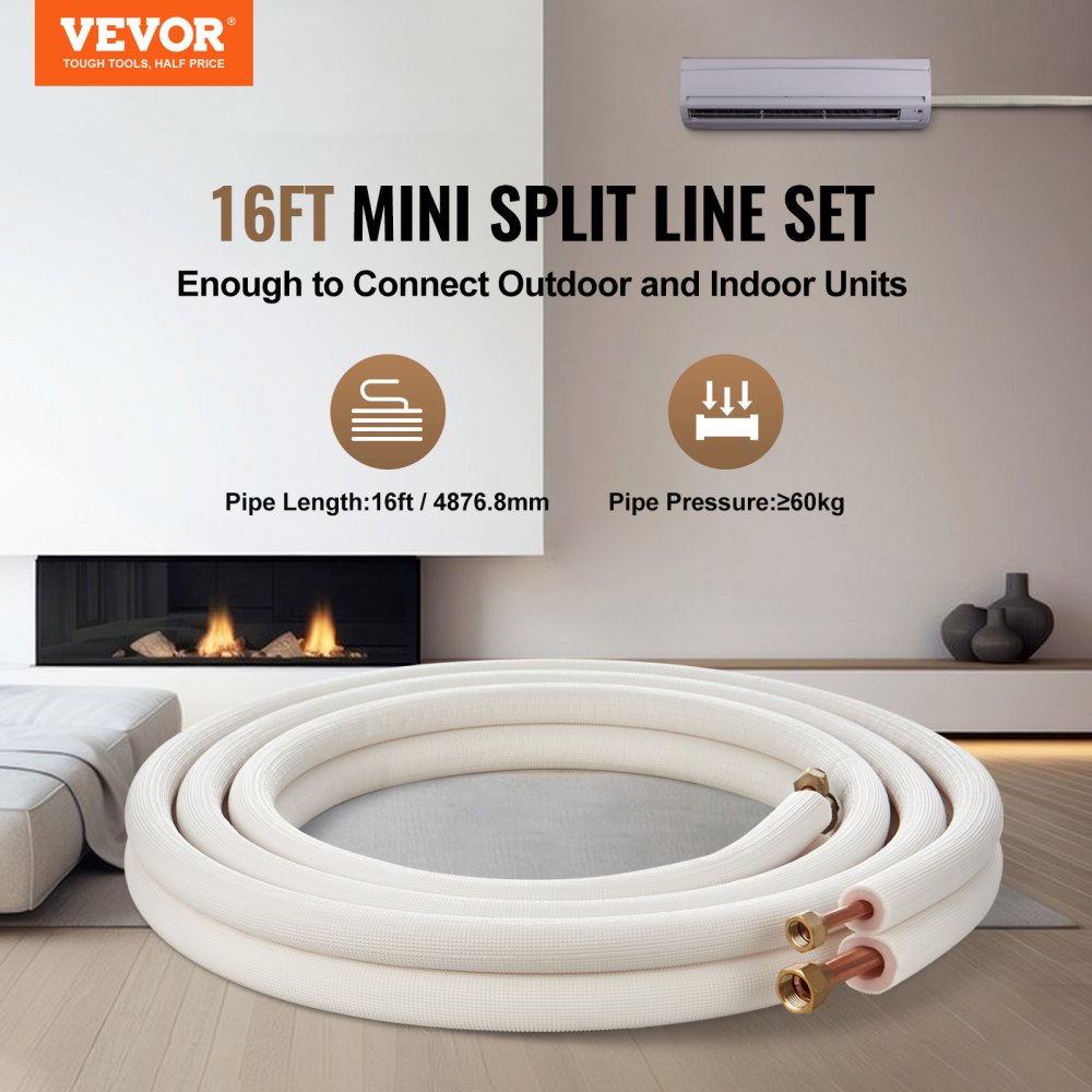 VEVOR 4876.8mm Mini Split Line Set, 9.5 & 15.9mm O.D Copper Pipes Tubing and Triple-Layer Insulation, for Air Conditioning or Heating Pump Equipment & HVAC with Rich Accessories (18ft Connection Cable