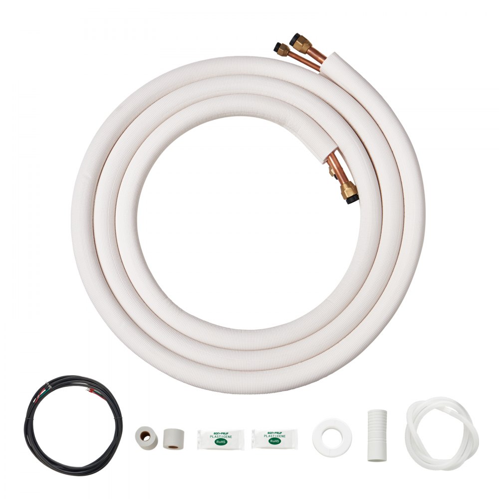 VEVOR mini split line set with copper tubing, insulation, wiring, tape, and accessories.