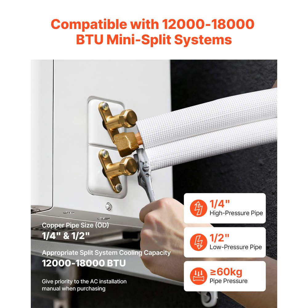 VEVOR 15.2m Mini Split Line Set, 6.4 & 12.7mm OD AC Copper Tubing Pipe, 3/8 White PE Thickened Insulated Coil with Flared Nuts, Strapping Tapes, for Mini Split Air Conditioner HVAC or Heat Pump System