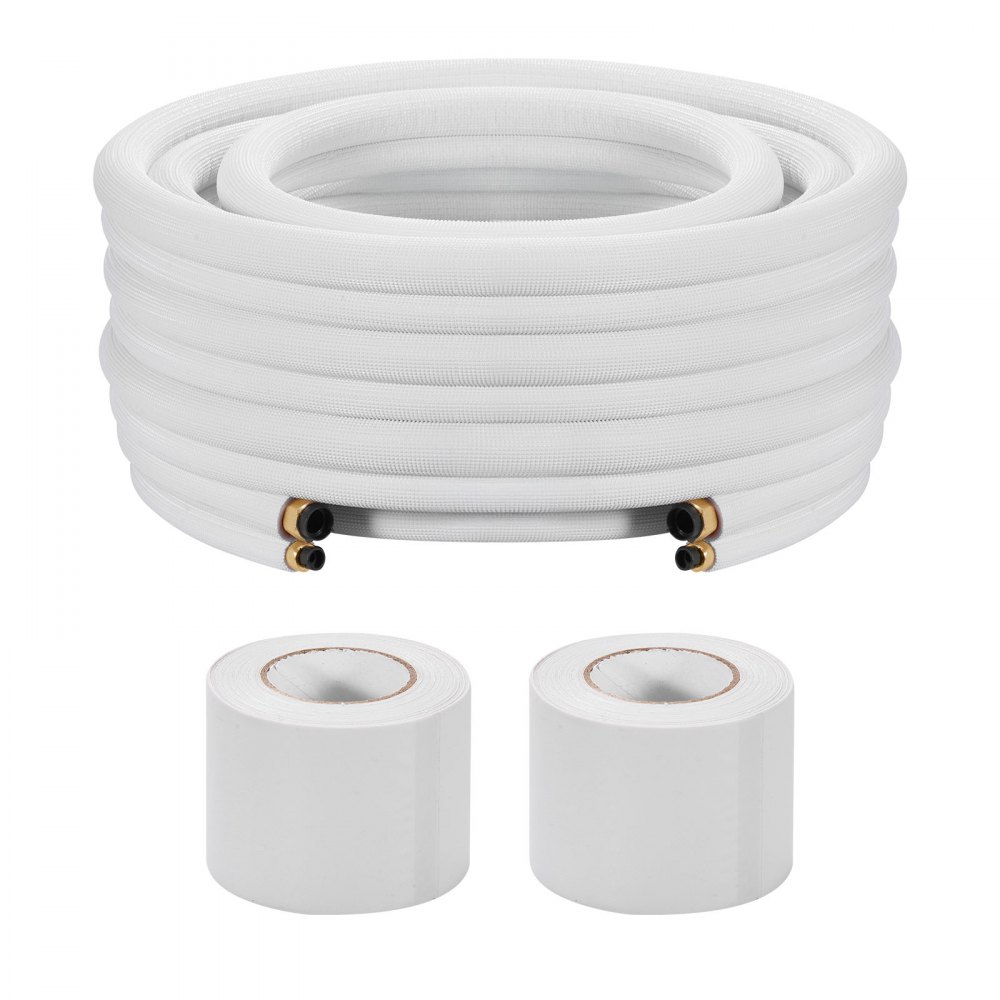 VEVOR 15.2m Mini Split Line Set, 6.4 & 12.7mm OD AC Copper Tubing Pipe, 3/8 White PE Thickened Insulated Coil with Flared Nuts, Strapping Tapes, for Mini Split Air Conditioner HVAC or Heat Pump System