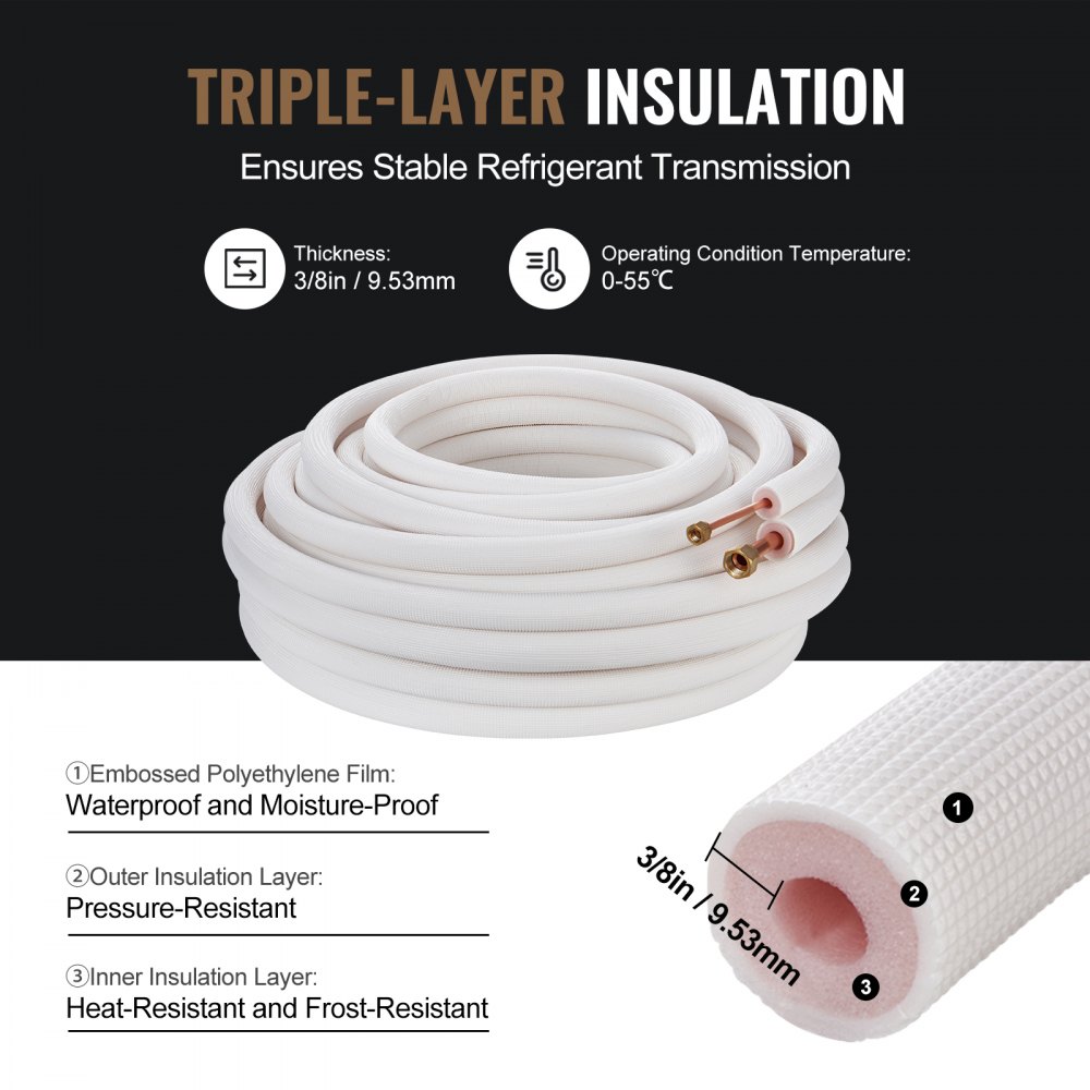 VEVOR 15240mm Mini Split Line Set, 6.4 & 12.7mm O.D Copper Pipes Tubing and Triple-Layer Insulation, for Mini Split Air Conditioning Refrigerant or Heating Pump Equipment & HVAC with Wrapping Strips.
