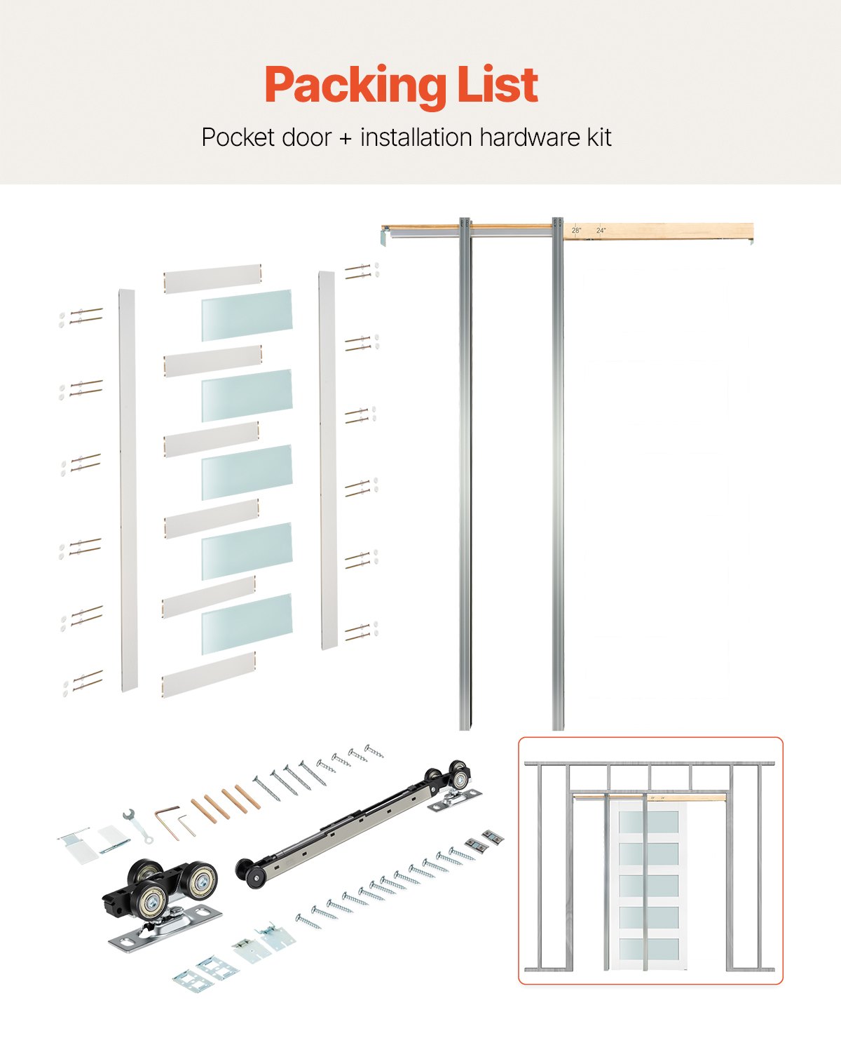 VEVOR Sliding Pocket Door, 915 x 2035 mm, 5-Lite Frosted Glass Single Sliding Door with Hardware Kit, Sturdy Solid Wood & MDF Pocket Doors Slab with Waterproof Surface for Bedroom Kitchen Study Room