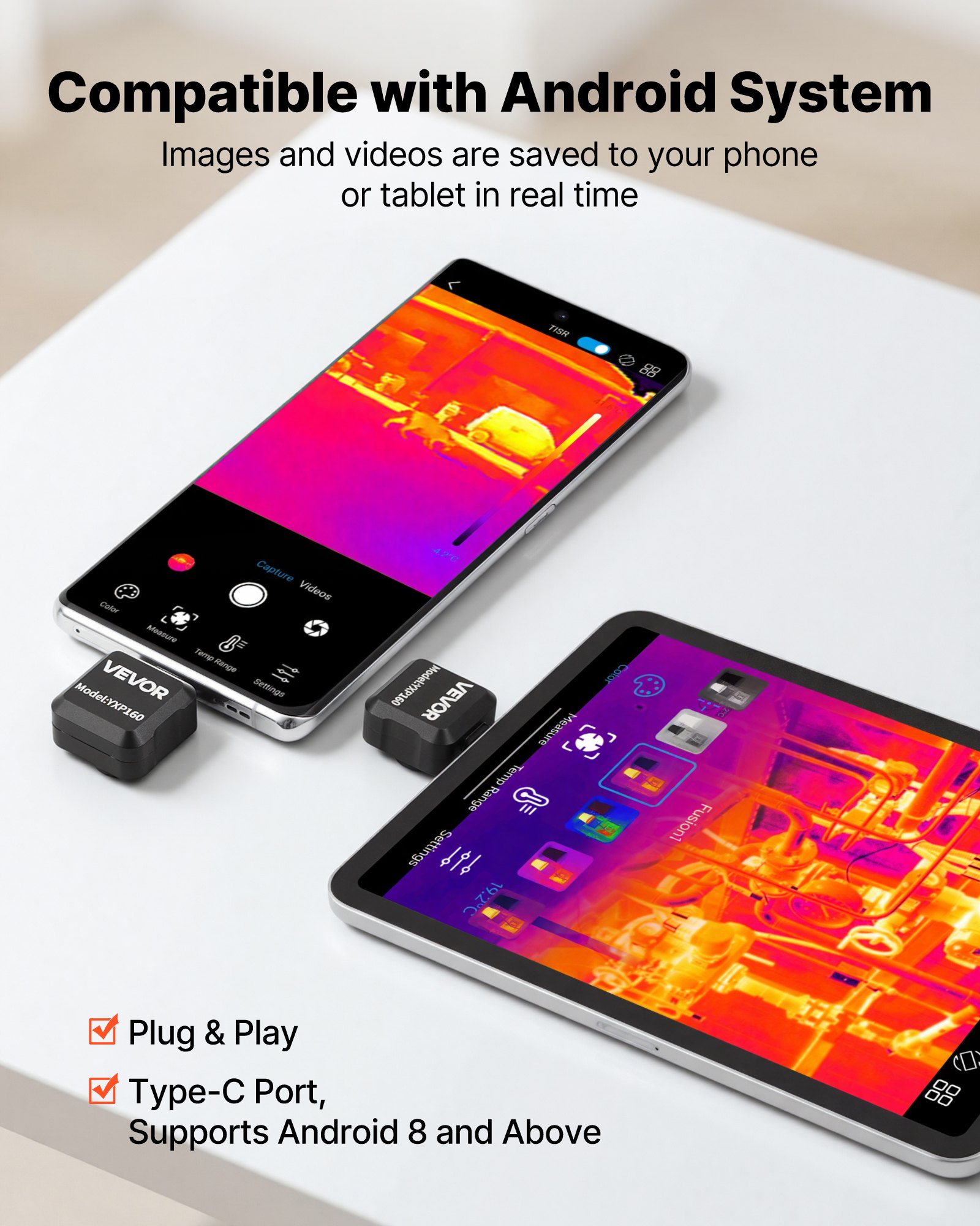 VEVOR warmtebeeldcamera voor Android, 320x240 Super IR 160x120 IR resolutie warmtebeeldcamera voor smartphone en tablet met USB-C-aansluiting, 25Hz infraroodcamera met 15 kleurenpaletten voor inspectie van -20°C tot 550°C