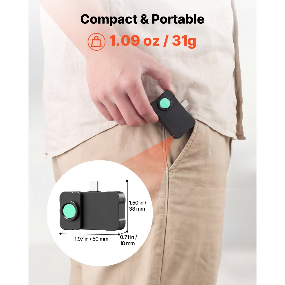 VEVOR warmtebeeldcamera voor iOS en Android, 512x384 Super IR & 256x192 IR resolutie warmtebeeldcamera met macrolens voor smartphone en tablet met USB-C, 25Hz infraroodcamera voor inspectie van -20°C tot 550°C