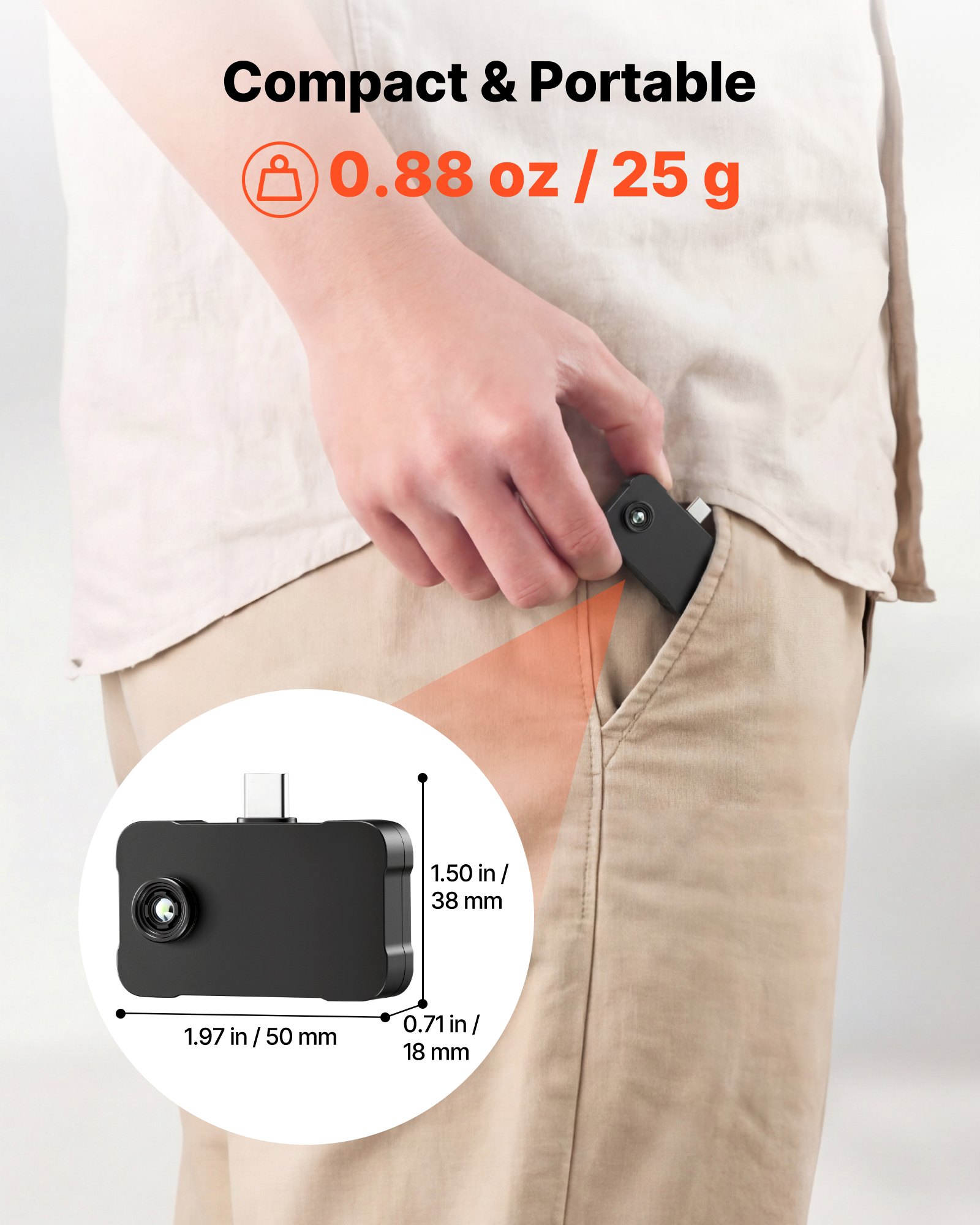 VEVOR warmtebeeldcamera voor iOS en Android, 512x384 Super IR & 256x192 IR resolutie warmtebeeldcamera voor smartphones en tablets met USB-C, 25Hz infraroodcamera met 6 kleurenpaletten voor inspecties van -20°C tot 550°C.