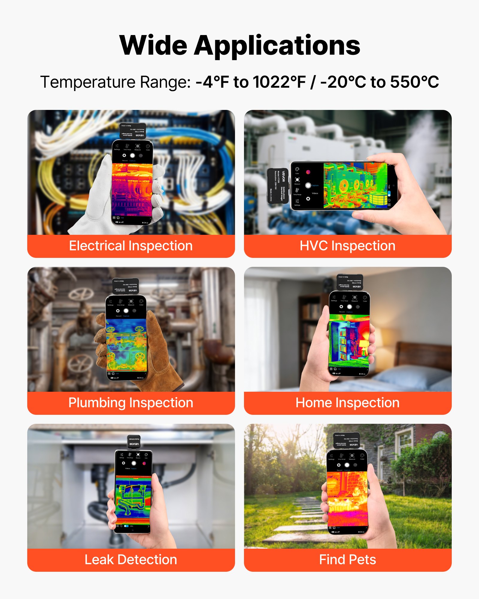 VEVOR warmtebeeldcamera voor iOS en Android, 512x384 Super IR & 256x192 IR resolutie warmtebeeldcamera voor smartphones en tablets met USB-C, 25Hz infraroodcamera met 6 kleurenpaletten voor inspecties van -20°C tot 550°C.