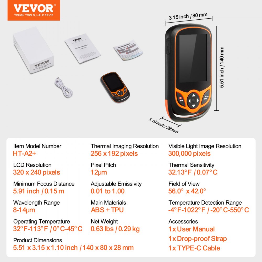 VEVOR Warmtebeeldcamera voor Android 256x192 pixels Hoge resolutie 0,07°C Thermische gevoeligheid Temperatuurbereik van -20℃ tot 550℃ Infraroodcamera 25 Hz Ideale keuze voor huisinspectie HVAC Loodgieterswerk etc.