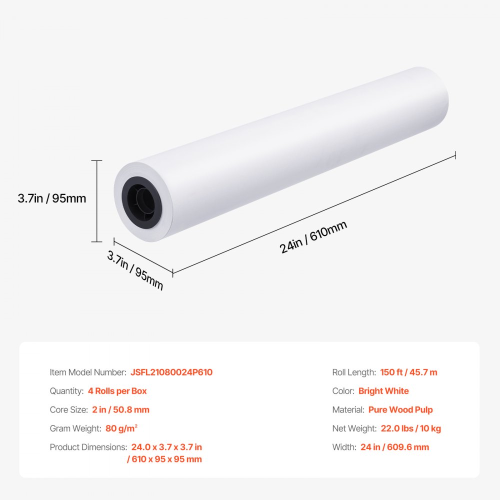 VEVOR Grootformaat Papierplotterpapier 45,7 m x 609,6 mm 4 rollen CAD-bindingrollen met 50,8 mm kern, tekenrollen voor CAD-tekeningen, technische plannen, GIS-kaarten en architectonische ontwerpen
