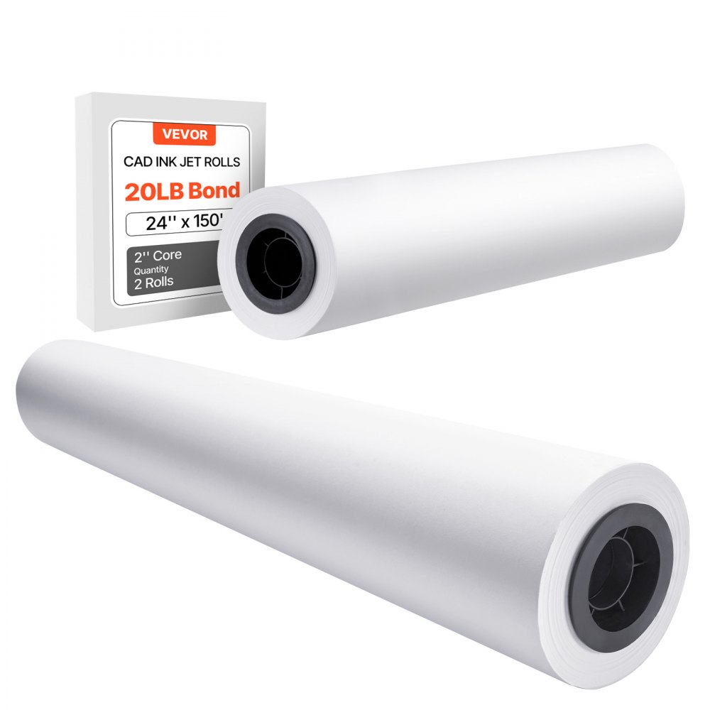 VEVOR Breedformaat papierrollen 609,6 mm (B) / 45,7 m (L), 2 rollen 20 lb Plotterpapierrollen ideaal voor CAD-tekeningen, technische plannen, GIS-kaarten, architectonische ontwerpen, plotterpapier