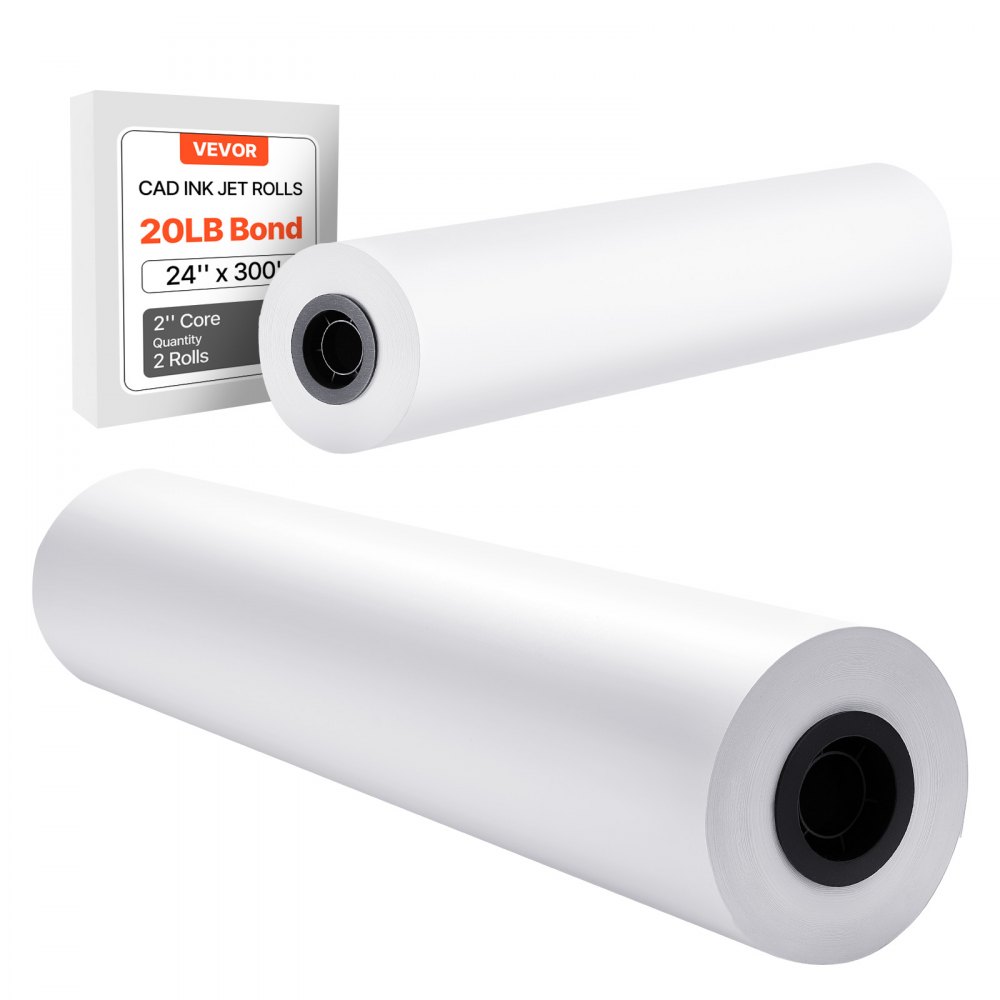 VEVOR Wide Format Paper, 24 in x 300 ft Plotter Roll, 2 Rolls CAD Bond Rolls with 2 in Core, 20 LB Bond Paper Rolls, Ideal for CAD Drawings, Engineering Plans, GIS Maps, and Architectural Designs
