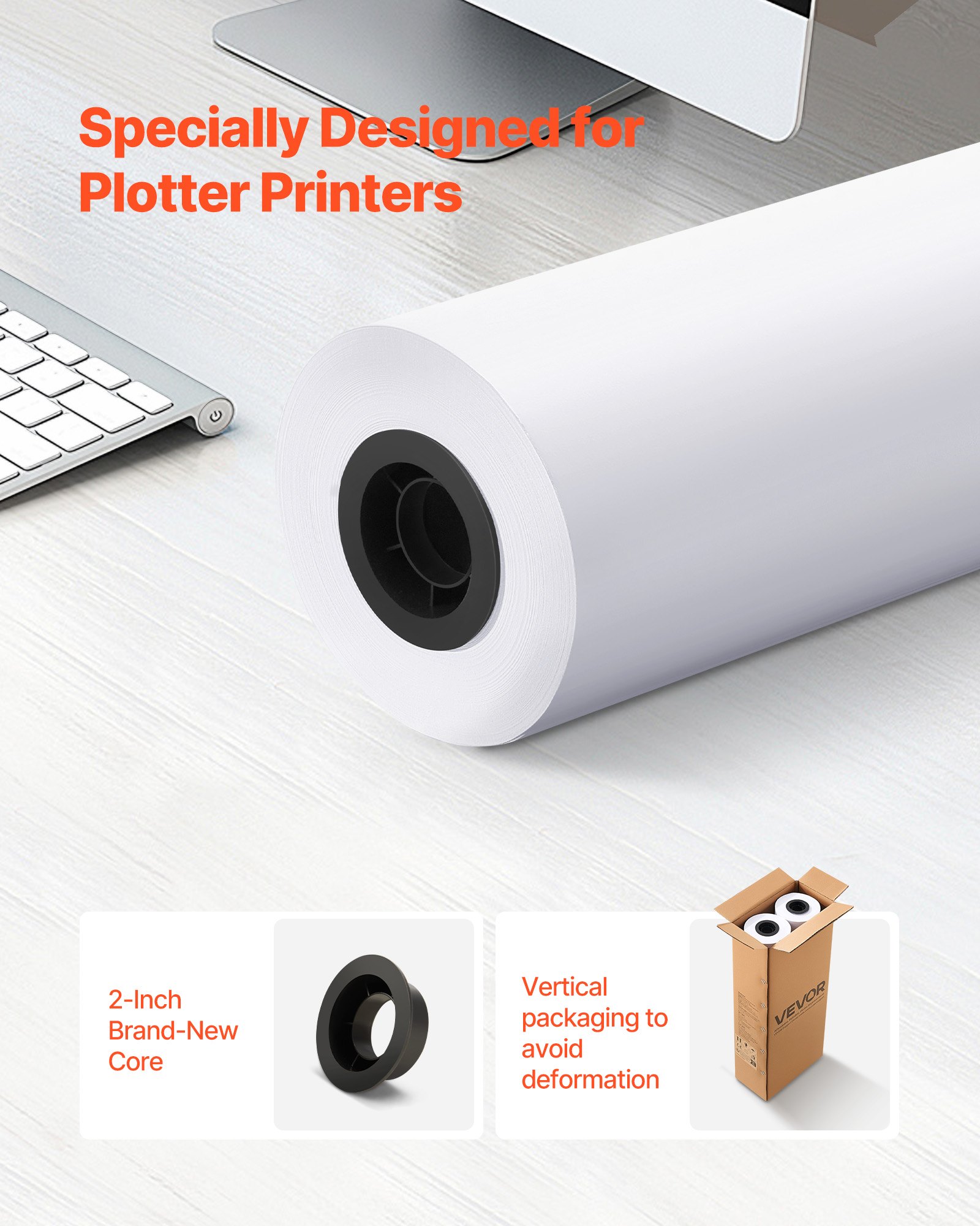 VEVOR Wide Format Paper, 24 in x 300 ft Plotter Roll, 2 Rolls CAD Bond Rolls with 2 in Core, 20 LB Bond Paper Rolls, Ideal for CAD Drawings, Engineering Plans, GIS Maps, and Architectural Designs