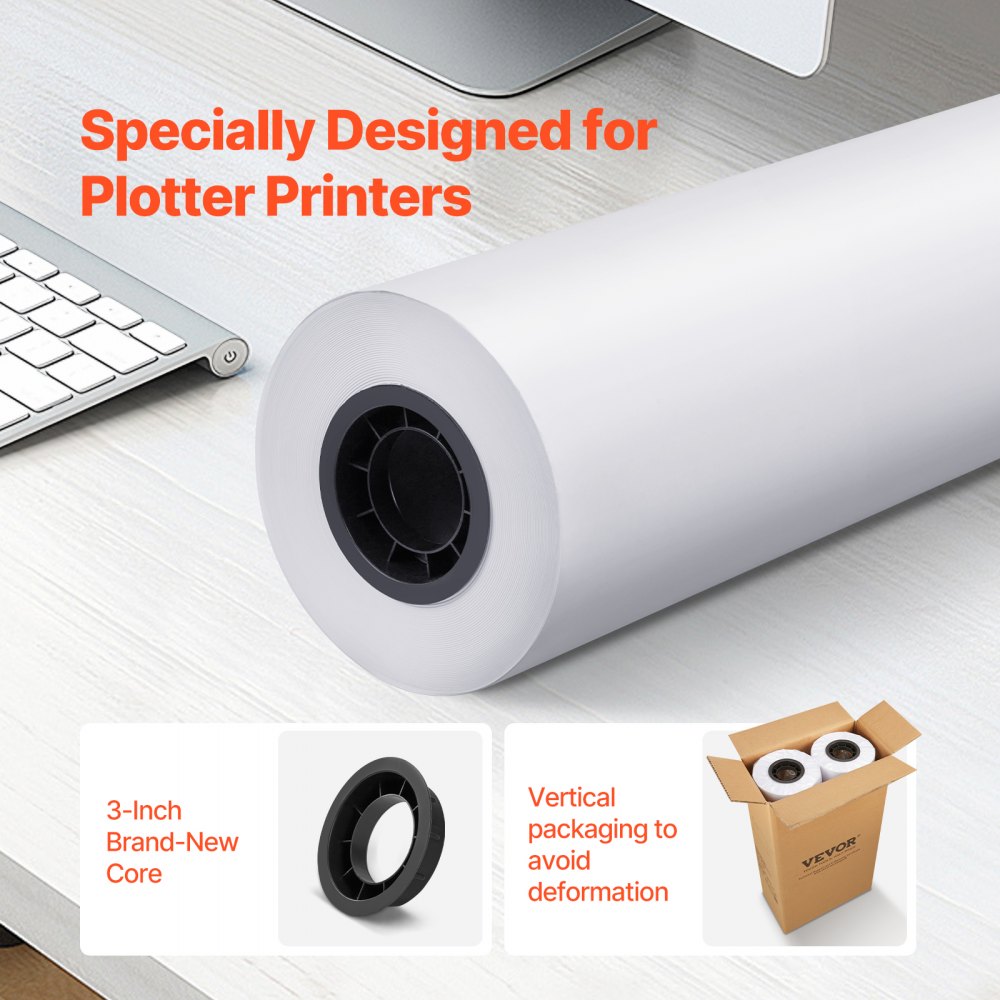 VEVOR Grootformaat Papierplotterpapier 152,4 m x 61 cm 2 rollen CAD Bond-rollen met 76,2 mm kern, tekenrollen voor CAD-tekeningen, technische plannen, GIS-kaarten en architectonische ontwerpen Wit