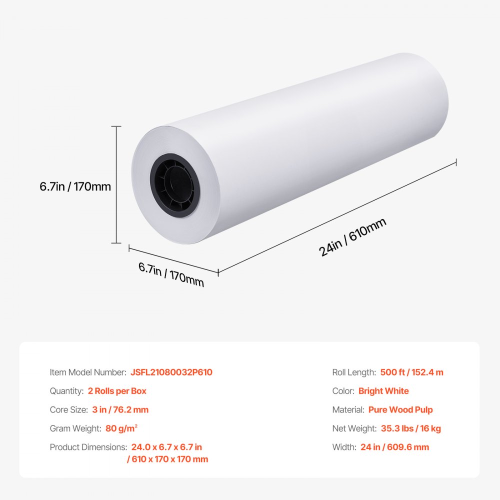 VEVOR Grootformaat Papierplotterpapier 152,4 m x 61 cm 2 rollen CAD Bond-rollen met 76,2 mm kern, tekenrollen voor CAD-tekeningen, technische plannen, GIS-kaarten en architectonische ontwerpen Wit
