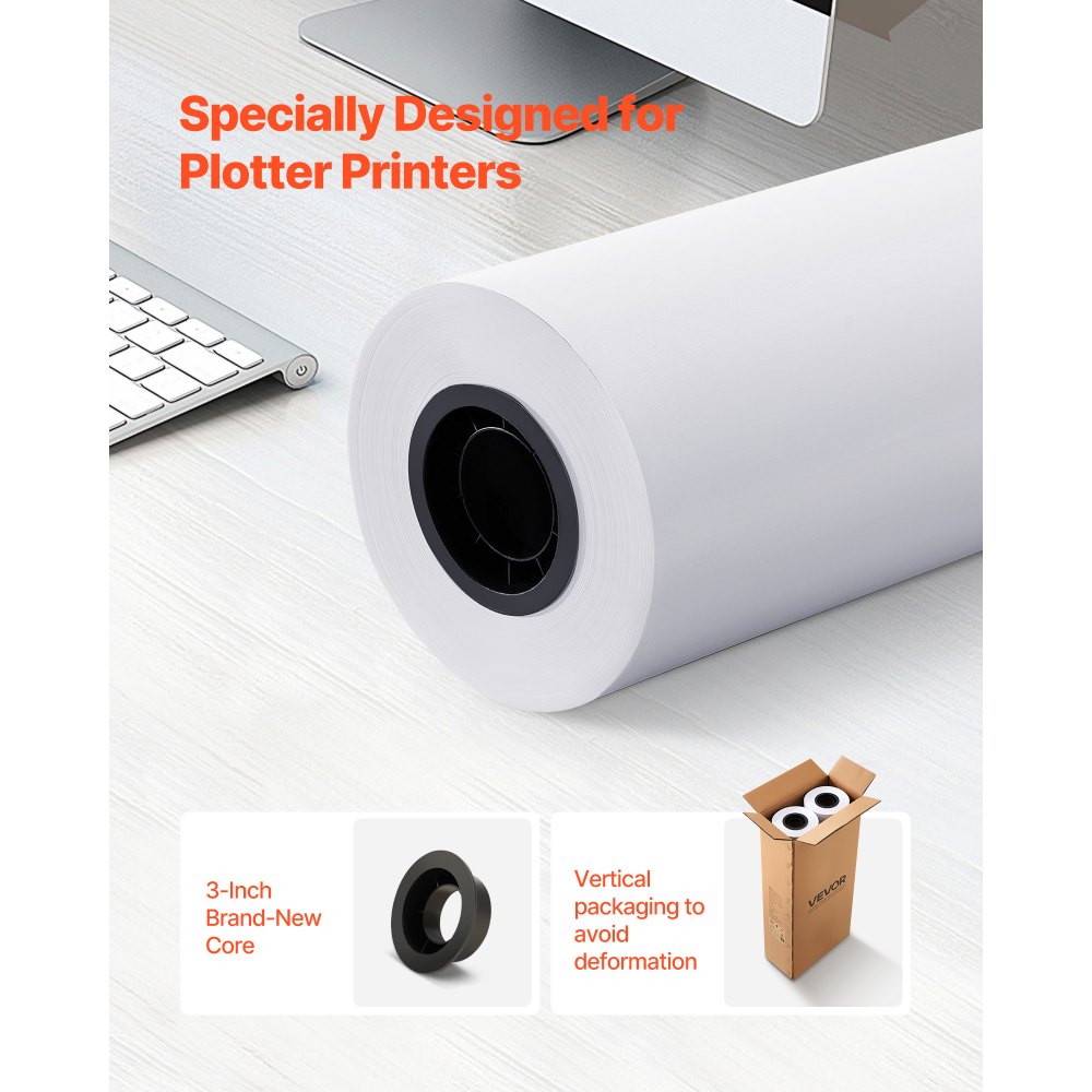 VEVOR Breedformaat papierrollen 762 mm (B) / 152,4 m (L), 2 rollen 20 lb plotterpapierrollen Ideaal voor CAD-tekeningen, technische plannen, GIS-kaarten, architectonische ontwerpen, plotterpapier