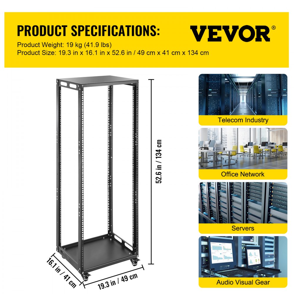 VEVOR Open Rackserver 490 x 410 x 1335 mm Open Frame Server Rack 25 U Serverrack met 544 kg Gewichtscapaciteit Gebruiken in het Microdatacentrum, Kleine Kantoren, Serverruimte, Vergaderruimte, enz