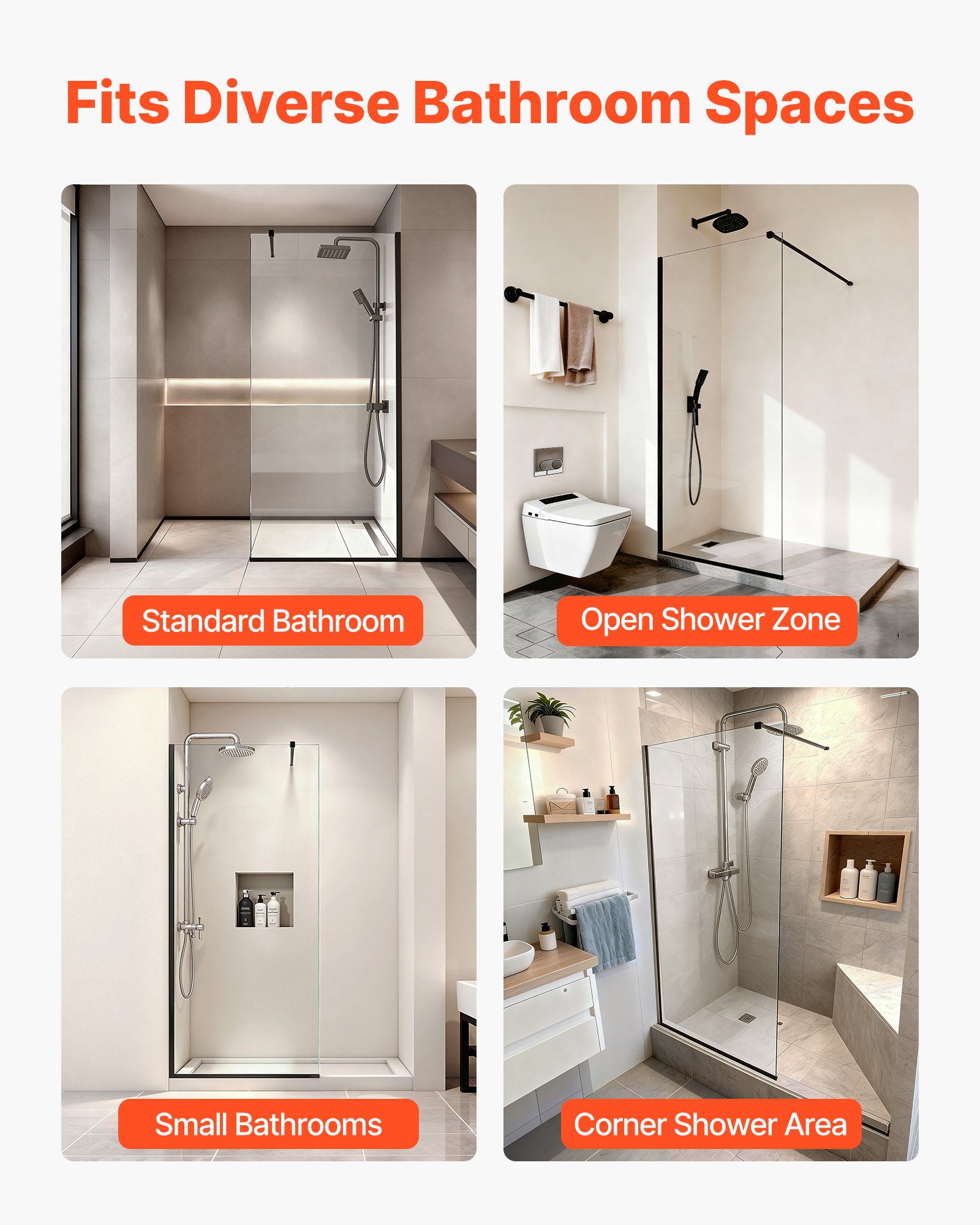 VEVOR vaste glazen douchewand (864 x 1870 mm), halfomlijst, 8 mm dik, helder veiligheidsglas met onderafdichting en beslag, douchewand voor badkamer, matzwart