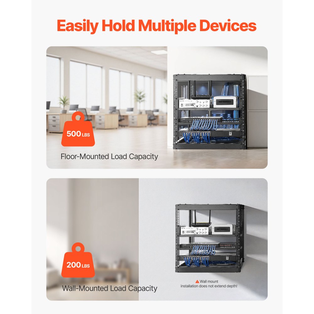 VEVOR 10U Open Frame Network Rack, 23 in Depth, Wall Mounted or Floor Standing Server Rack, Heavy Duty 4 Post, with Vented Shelves & Mounting Hardware, Holds All Your Networking IT Equipment AV Gear