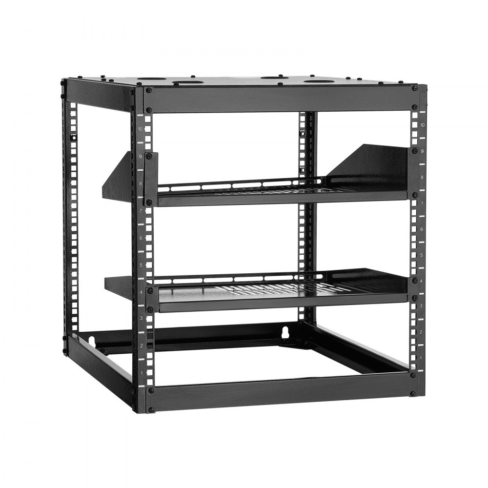 VEVOR 10U open frame netwerkrack, 585 mm diep, wandmontage of staande serverrack, 4-paals constructie, met geventileerde planken en bevestigingsmateriaal, voor alle netwerk-, IT- en AV-apparatuur