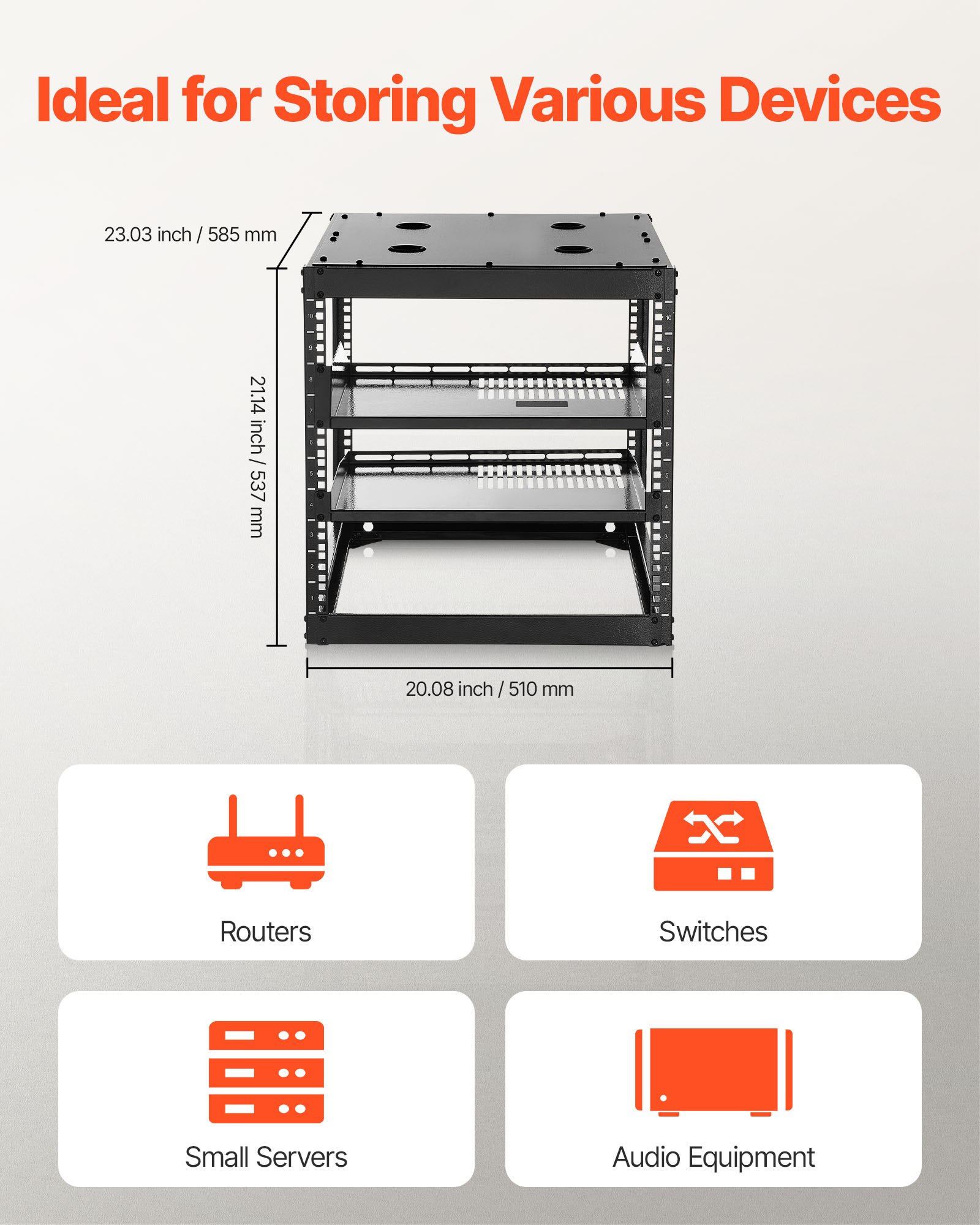 VEVOR 10U open frame netwerkrack, 585 mm diep, wandmontage of staande serverrack, 4-paals constructie, met geventileerde planken en bevestigingsmateriaal, voor alle netwerk-, IT- en AV-apparatuur