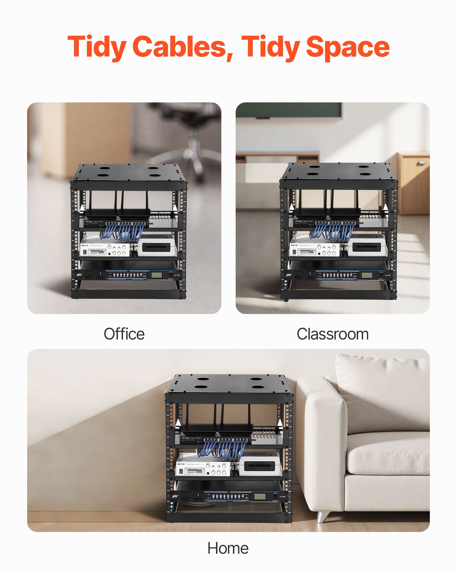 VEVOR 10U open frame netwerkrack, 585 mm diep, wandmontage of staande serverrack, 4-paals constructie, met geventileerde planken en bevestigingsmateriaal, voor alle netwerk-, IT- en AV-apparatuur
