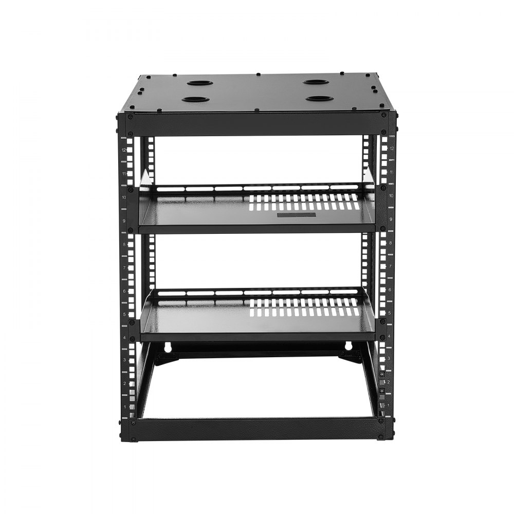 VEVOR 12U Open Frame Network Rack, 585 mm diep, wandmontage of als staande serverrack, 4-post constructie, met geventileerde planken en montageaccessoires, voor netwerk-IT-apparatuur en AV-apparatuur