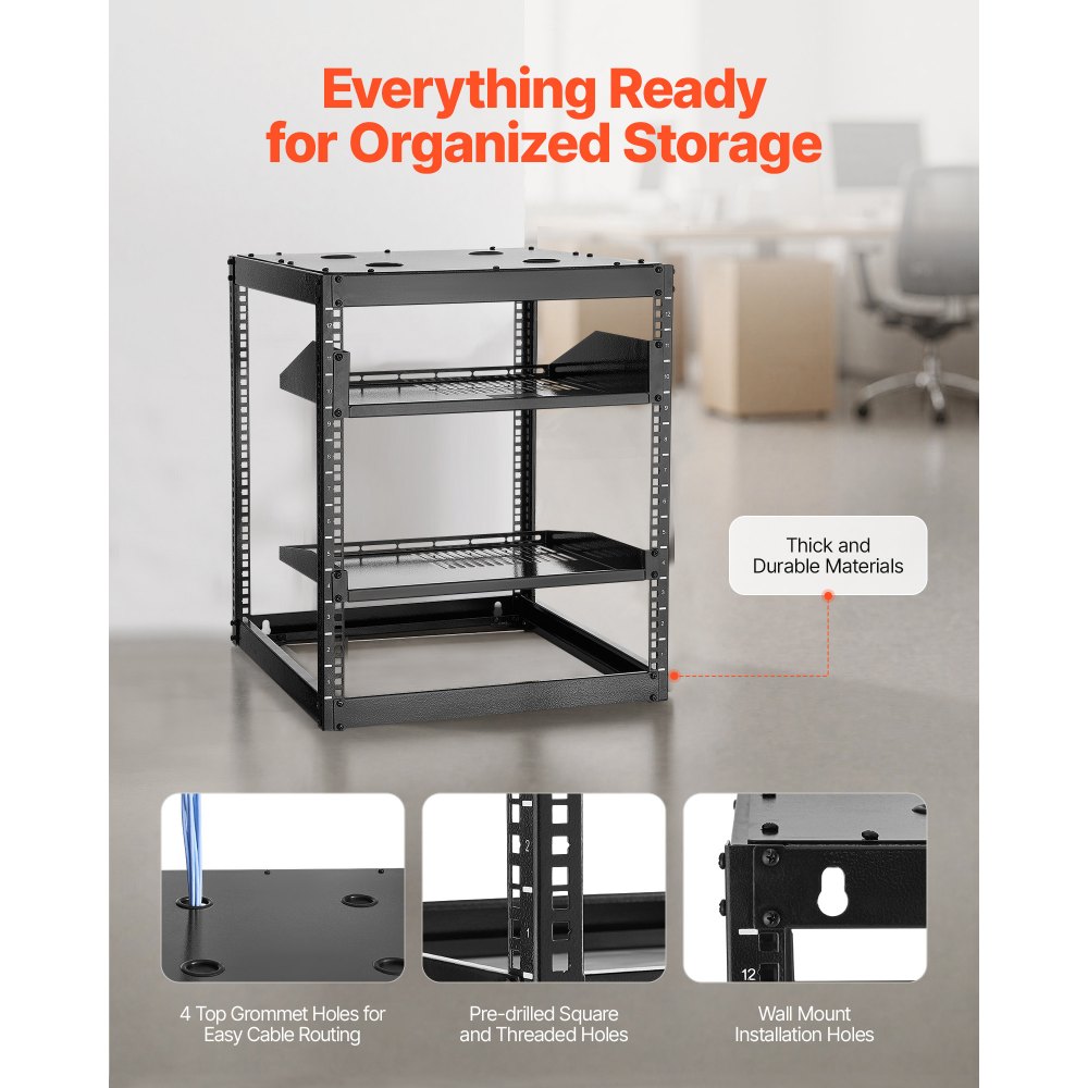 VEVOR 12U Open Frame Network Rack, 585 mm diep, wandmontage of als staande serverrack, 4-post constructie, met geventileerde planken en montageaccessoires, voor netwerk-IT-apparatuur en AV-apparatuur
