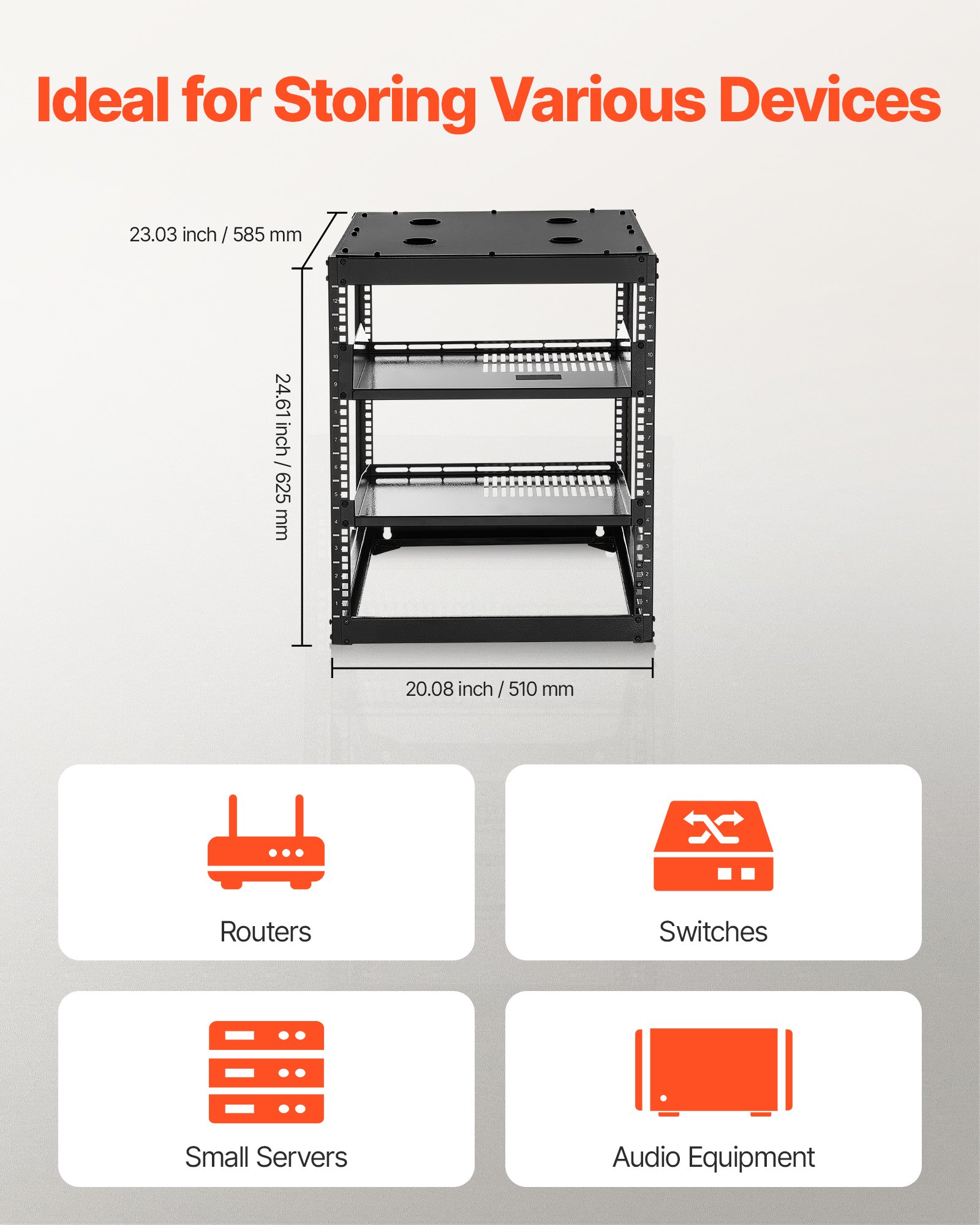 VEVOR 12U Open Frame Network Rack, 585 mm diep, wandmontage of als staande serverrack, 4-post constructie, met geventileerde planken en montageaccessoires, voor netwerk-IT-apparatuur en AV-apparatuur