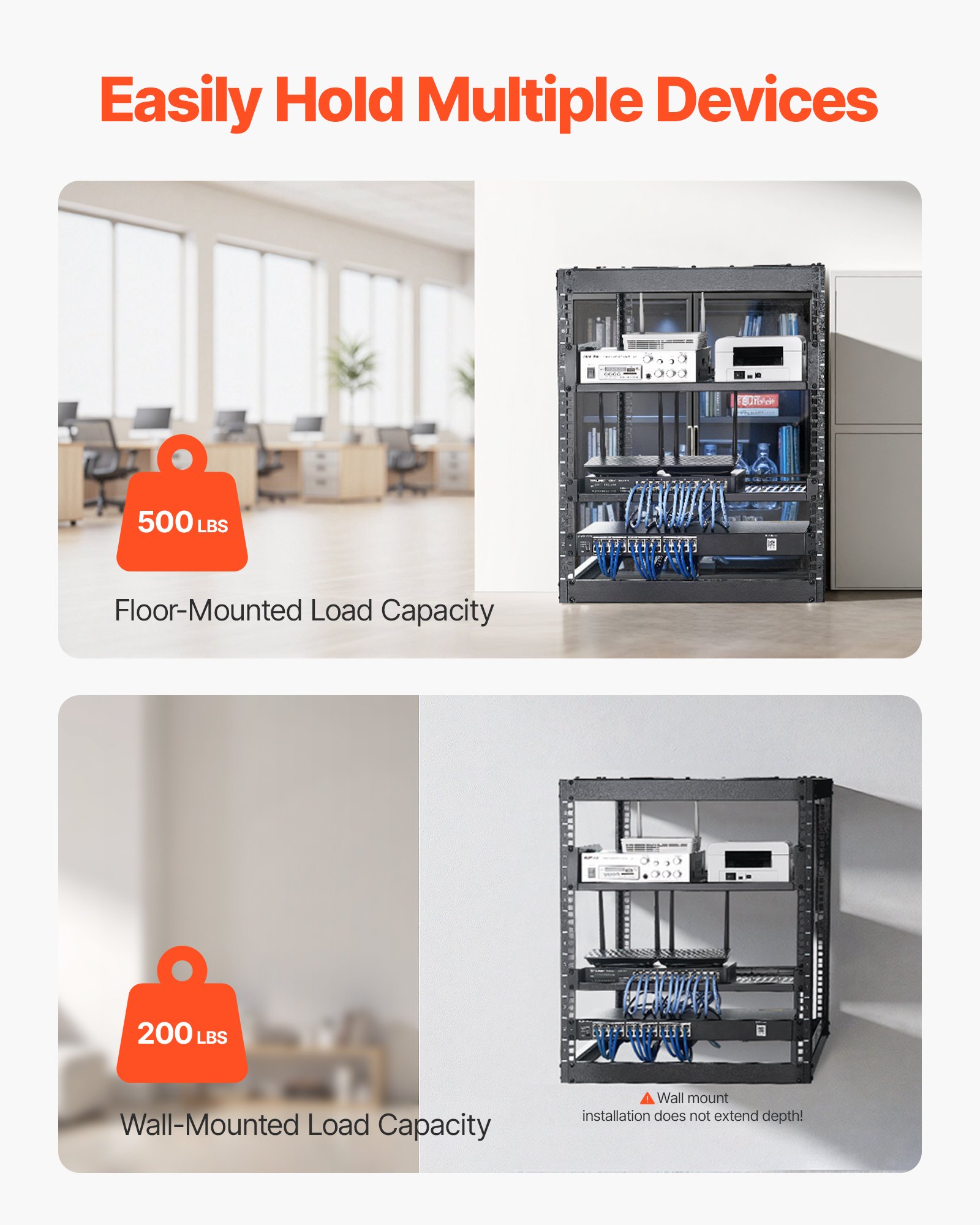 VEVOR 12U Open Frame Network Rack, 585 mm diep, wandmontage of als staande serverrack, 4-post constructie, met geventileerde planken en montageaccessoires, voor netwerk-IT-apparatuur en AV-apparatuur