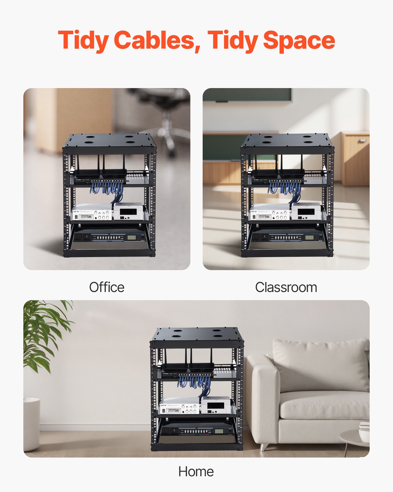 VEVOR 12U Open Frame Network Rack, 585 mm diep, wandmontage of als staande serverrack, 4-post constructie, met geventileerde planken en montageaccessoires, voor netwerk-IT-apparatuur en AV-apparatuur