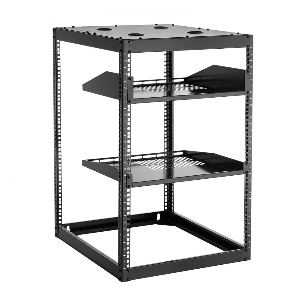 VEVOR 16U open frame netwerkrack, 585 mm diep, wandmontage of staande serverrack, 4-post rack met geventileerde planken en bevestigingsmateriaal, voor netwerk-IT-apparatuur en AV-apparatuur
