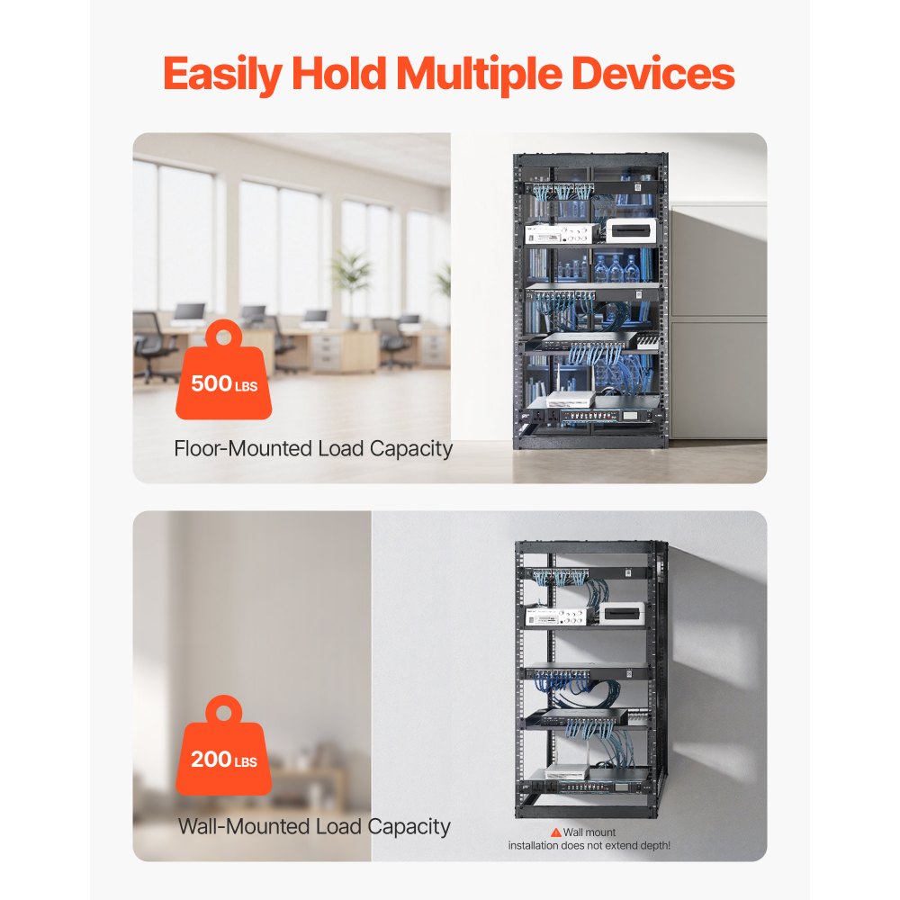 VEVOR 20U Open Frame Netwerk Rack, 585 mm diep, aan de muur gemonteerd of op de vloer staand serverrack, 4-paals constructie, met geventileerde planken en bevestigingsmateriaal, voor netwerk-IT-apparatuur en AV-apparatuur