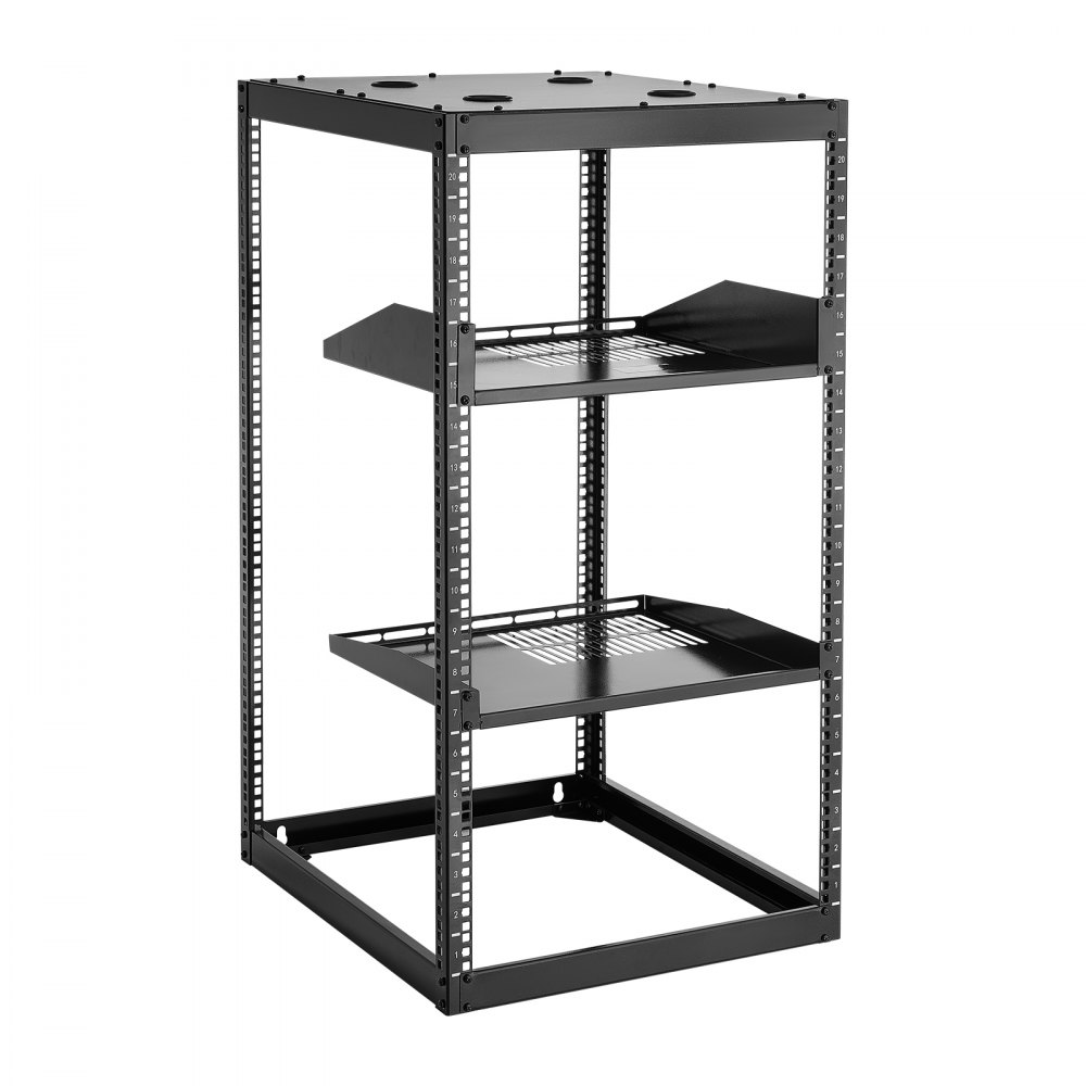 VEVOR 20U Open Frame Netwerk Rack, 585 mm diep, aan de muur gemonteerd of op de vloer staand serverrack, 4-paals constructie, met geventileerde planken en bevestigingsmateriaal, voor netwerk-IT-apparatuur en AV-apparatuur