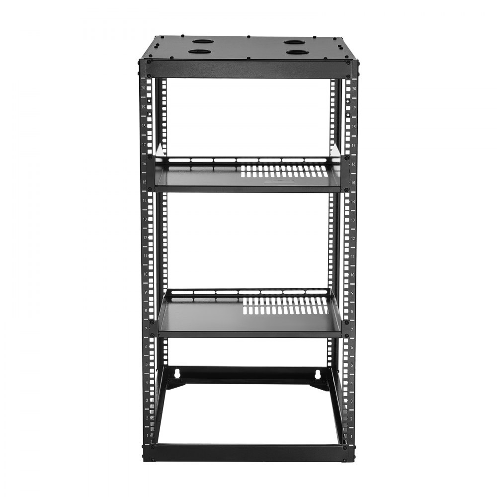 VEVOR 20U Open Frame Netwerk Rack, 585 mm diep, aan de muur gemonteerd of op de vloer staand serverrack, 4-paals constructie, met geventileerde planken en bevestigingsmateriaal, voor netwerk-IT-apparatuur en AV-apparatuur
