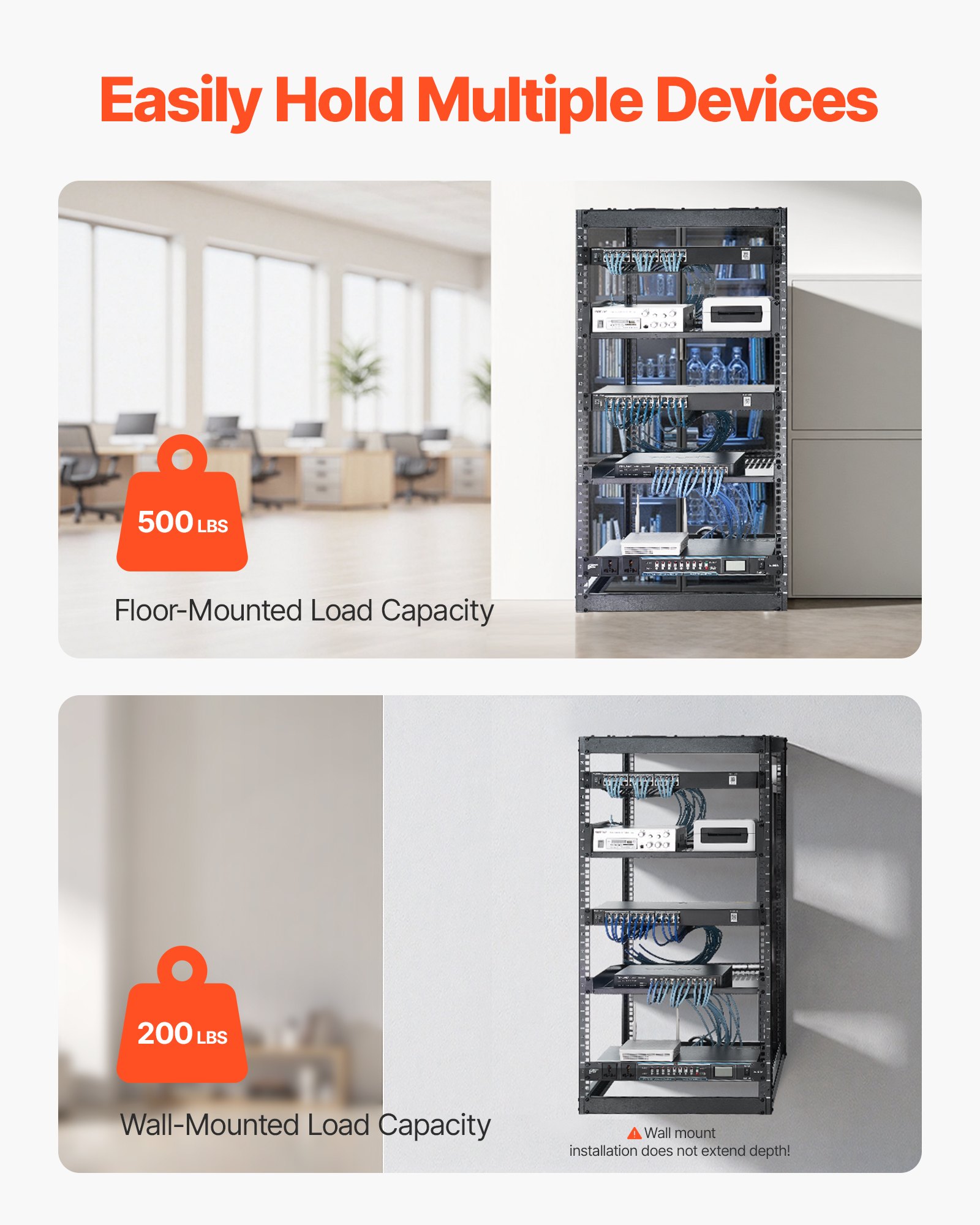 VEVOR 20U Open Frame Netwerk Rack, 585 mm diep, aan de muur gemonteerd of op de vloer staand serverrack, 4-paals constructie, met geventileerde planken en bevestigingsmateriaal, voor netwerk-IT-apparatuur en AV-apparatuur