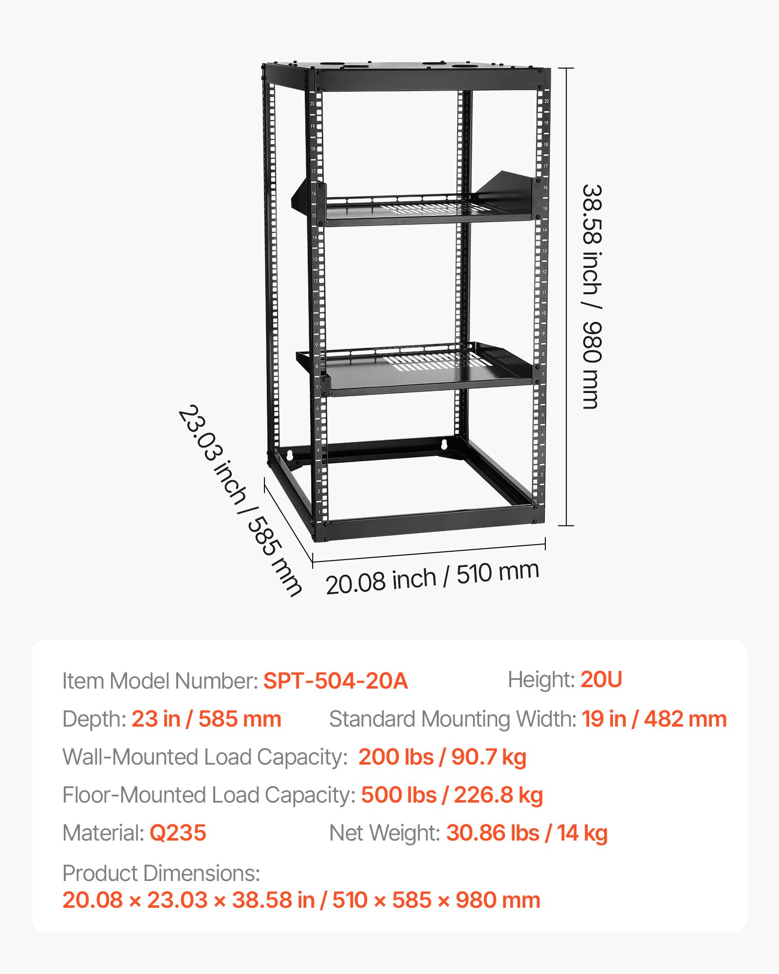 VEVOR 20U Open Frame Netwerk Rack, 585 mm diep, aan de muur gemonteerd of op de vloer staand serverrack, 4-paals constructie, met geventileerde planken en bevestigingsmateriaal, voor netwerk-IT-apparatuur en AV-apparatuur