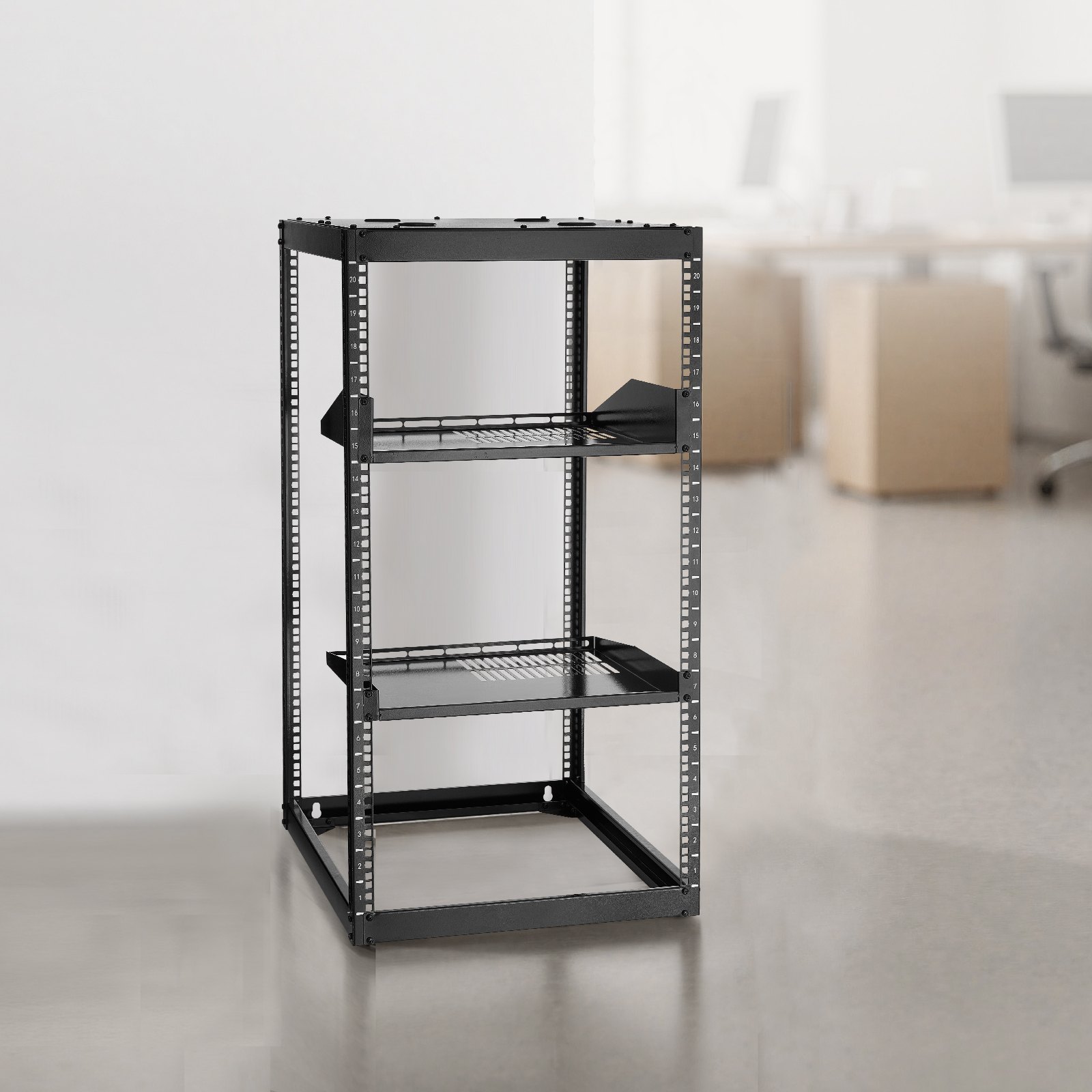 VEVOR 20U Open Frame Netwerk Rack, 585 mm diep, aan de muur gemonteerd of op de vloer staand serverrack, 4-paals constructie, met geventileerde planken en bevestigingsmateriaal, voor netwerk-IT-apparatuur en AV-apparatuur
