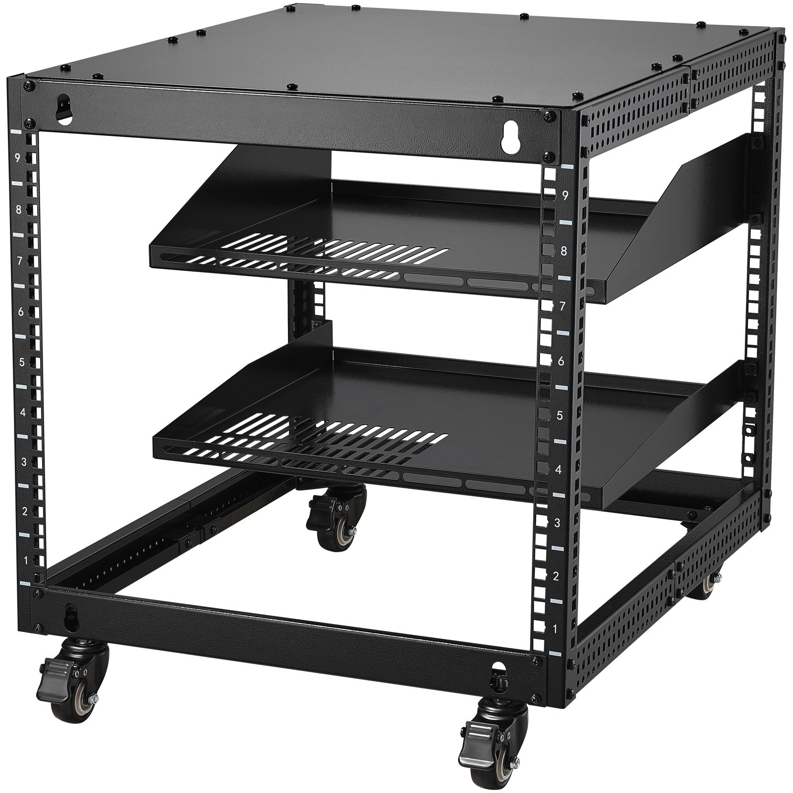 VEVOR 9U open frame serverrack, 23 tot 40 inch verstelbare diepte, vrijstaand of aan de muur te bevestigen, netwerkserverrack met 360° wielen, robuuste 4-paals montage voor al uw netwerk-, IT-, audiovisuele en routers
