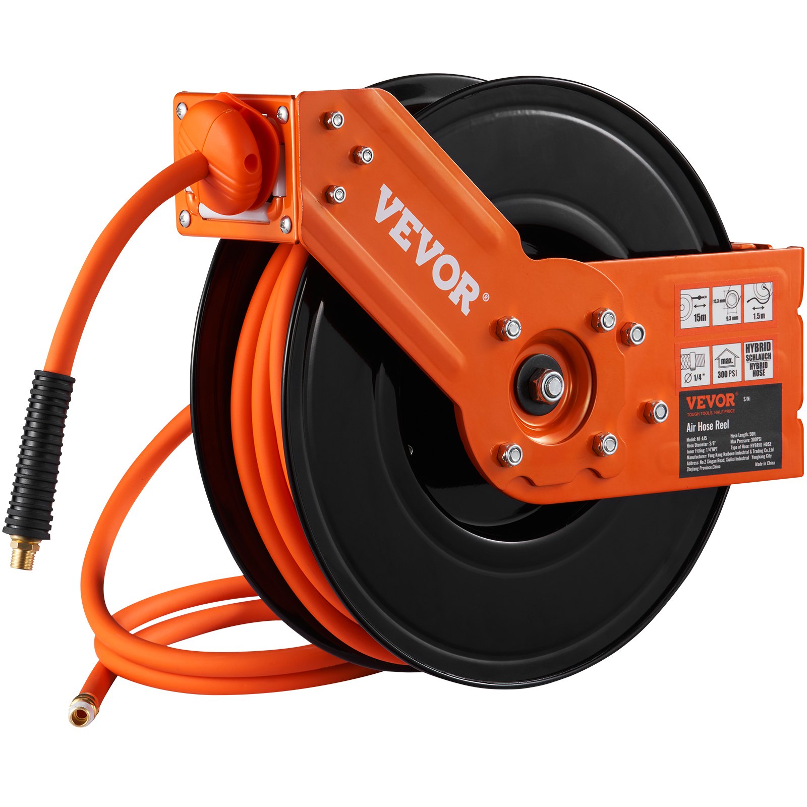 VEVOR slanghaspel rubber en PVC 9,5 mm x 15,24 m slanghaspel automatische luchtslanghaspel max. werkdruk 300 PSI/20 bar persluchtslanghaspel voor autodealers werkplaats thuis studio garage