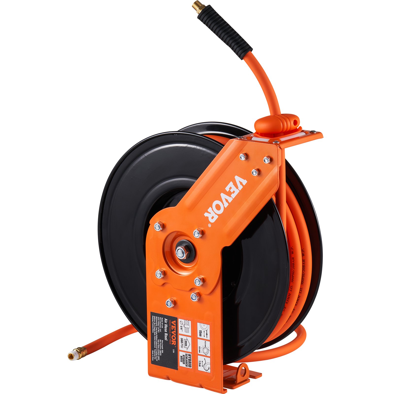 VEVOR slanghaspel rubber en PVC 9,5 mm x 15,24 m slanghaspel automatische luchtslanghaspel max. werkdruk 300 PSI/20 bar persluchtslanghaspel voor autodealers werkplaats thuis studio garage