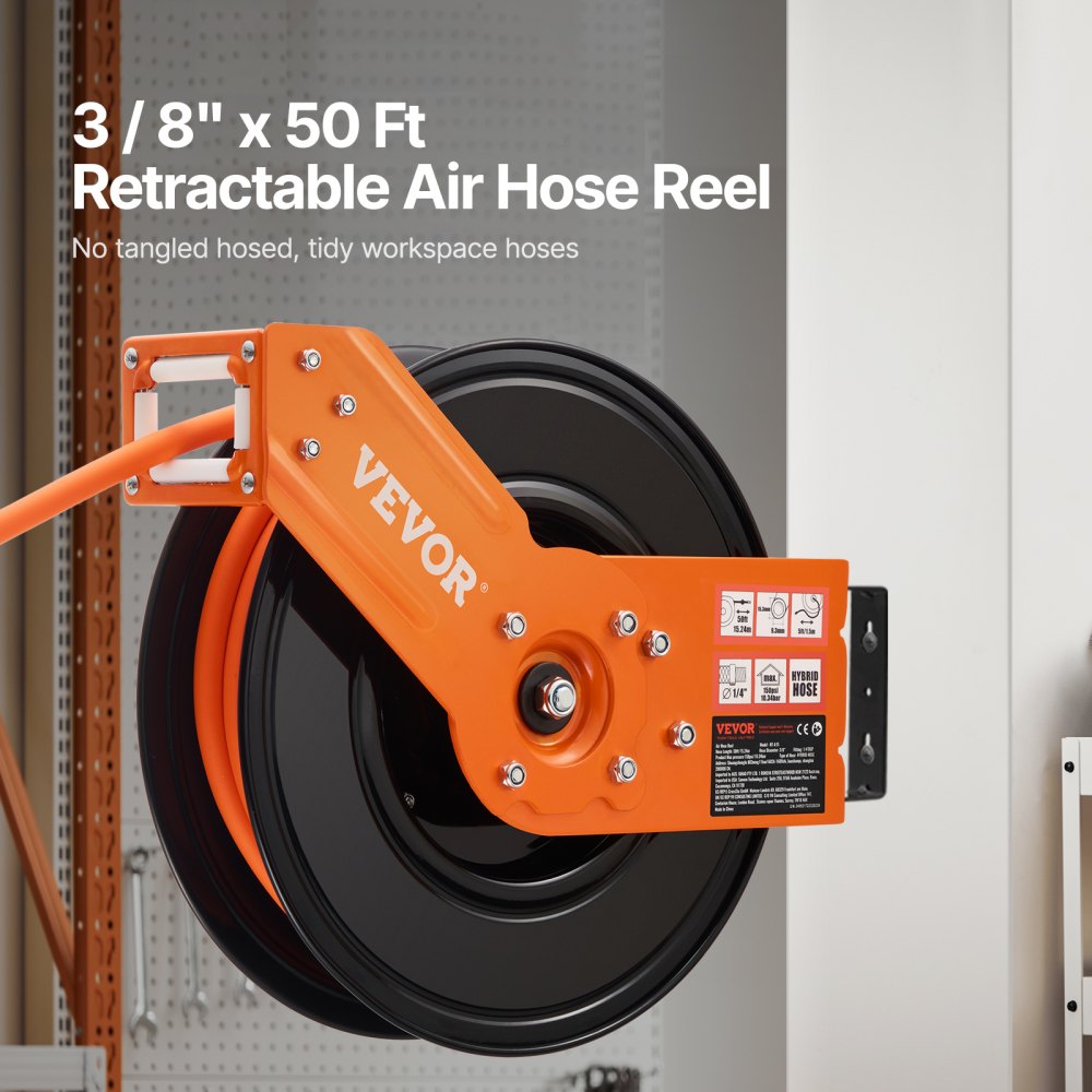 VEVOR Retractable Air Hose Reel, 3/8IN x 50FT Hybrid Air Hose Max 300PSI, Air Compressor Hose Reel Auto-Rewind with 5FT Lead in, Ceiling/Wall Mount Heavy Duty Single Arm Reel & 180° Swivel Bracket