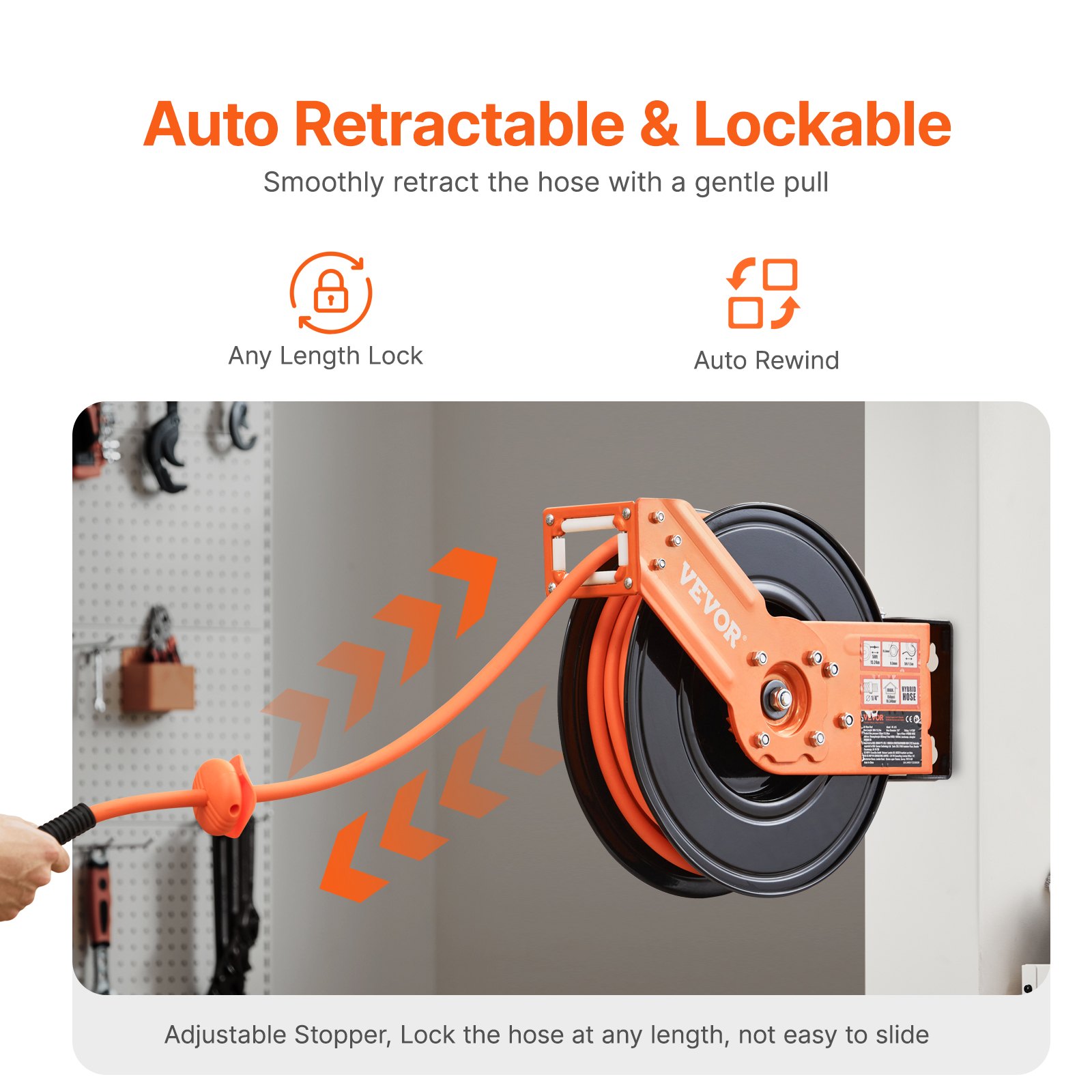 VEVOR Retractable Air Hose Reel, 3/8IN x 50FT Hybrid Air Hose Max 300PSI, Air Compressor Hose Reel Auto-Rewind with 5FT Lead in, Ceiling/Wall Mount Heavy Duty Single Arm Reel & 180° Swivel Bracket