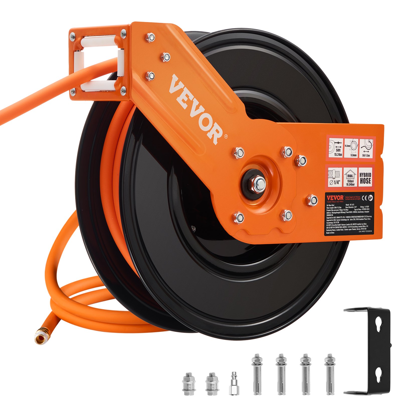 VEVOR Retractable Air Hose Reel, 3/8IN x 50FT Hybrid Air Hose Max 300PSI, Air Compressor Hose Reel Auto-Rewind with 5FT Lead in, Ceiling/Wall Mount Heavy Duty Single Arm Reel & 180° Swivel Bracket
