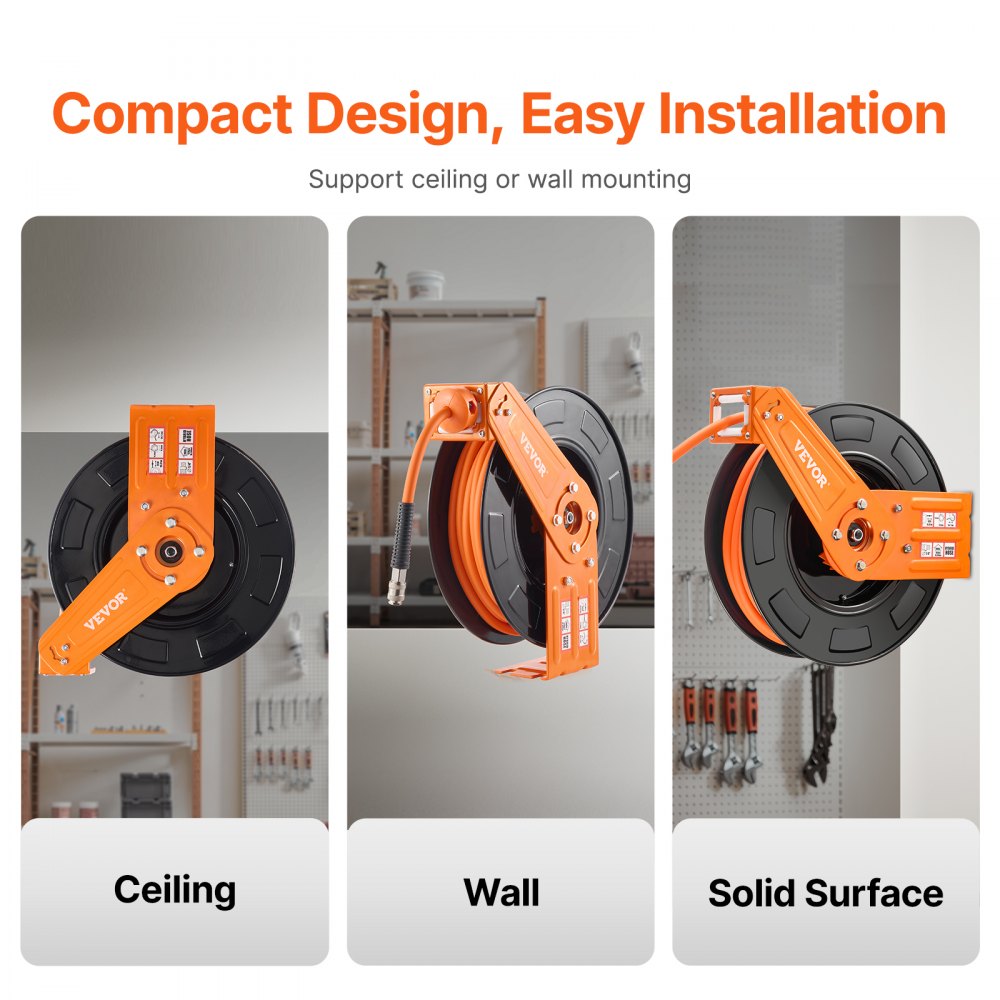 VEVOR Retractable Air Hose Reel, 3/8 IN x 65 FT Hybrid Air Hose Max 300PSI, Air Compressor Hose Reel Auto-Rewind with 5FT Lead in, Ceiling/Wall Mount Heavy Duty Single Arm Reel for Workshop Garage