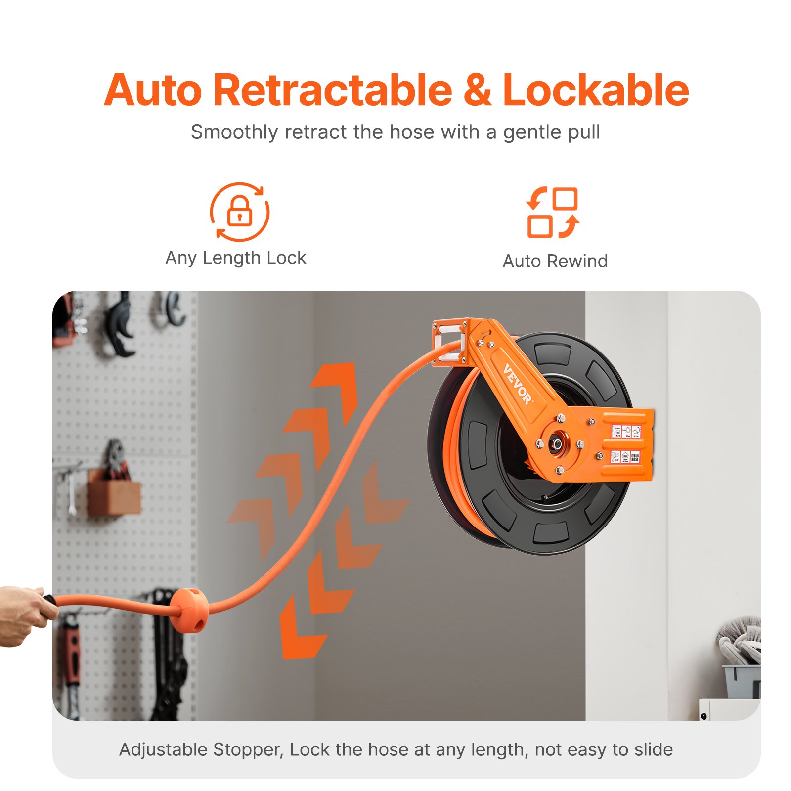 VEVOR Retractable Air Hose Reel, 3/8 IN x 65 FT Hybrid Air Hose Max 300PSI, Air Compressor Hose Reel Auto-Rewind with 5FT Lead in, Ceiling/Wall Mount Heavy Duty Single Arm Reel for Workshop Garage