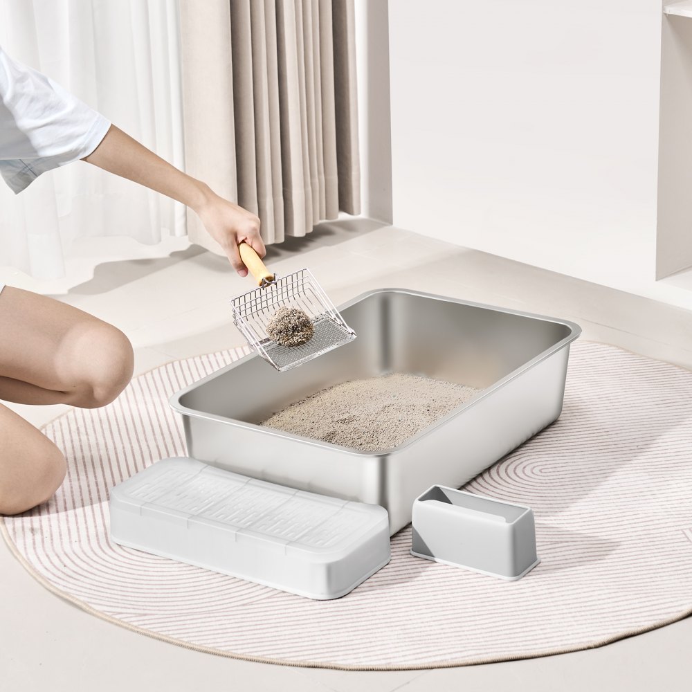 VEVOR Cat Litter Box, 6 inches Deep, XL Extra Large Stainless Steel Cat Litter Box with Scoop, Wide Filtering Foot Board & High Sides, Enclosed Odor-Free Easy-to-Clean Litter Box, Fit for Big Cats