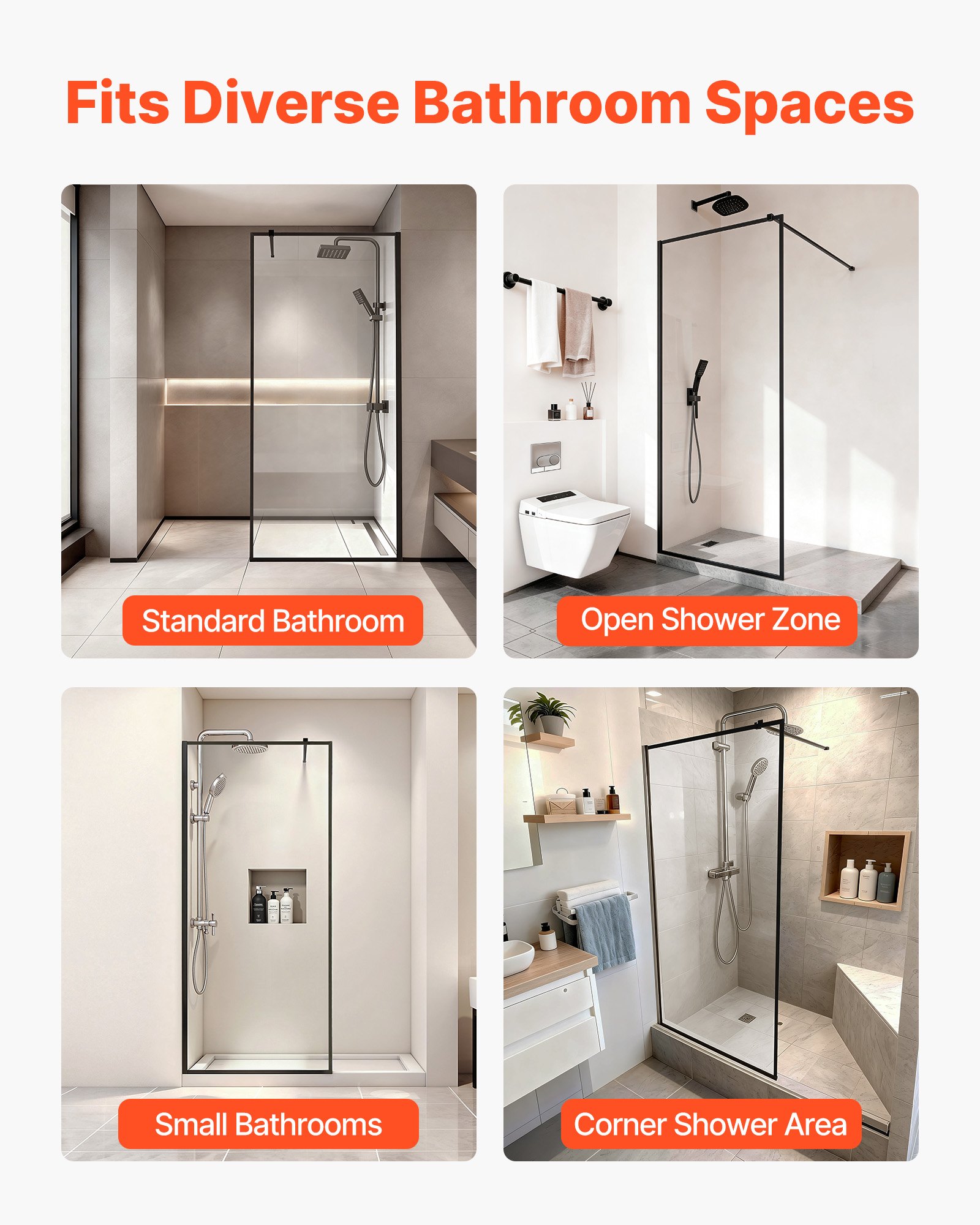 VEVOR vaste glazen douchewand (864 x 1870 mm), frameloos, 8 mm dik, helder veiligheidsglas, deur met bodemafdichting en beslag, douchewand voor badkamer, matzwart