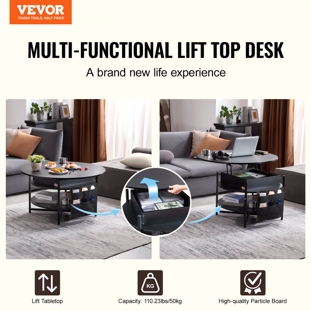 VEVOR Lift Top Coffee Table, 35.3 in Round Coffee Table with Extra Storage Pockets, Pop Up Coffee Table for Living Room, Black