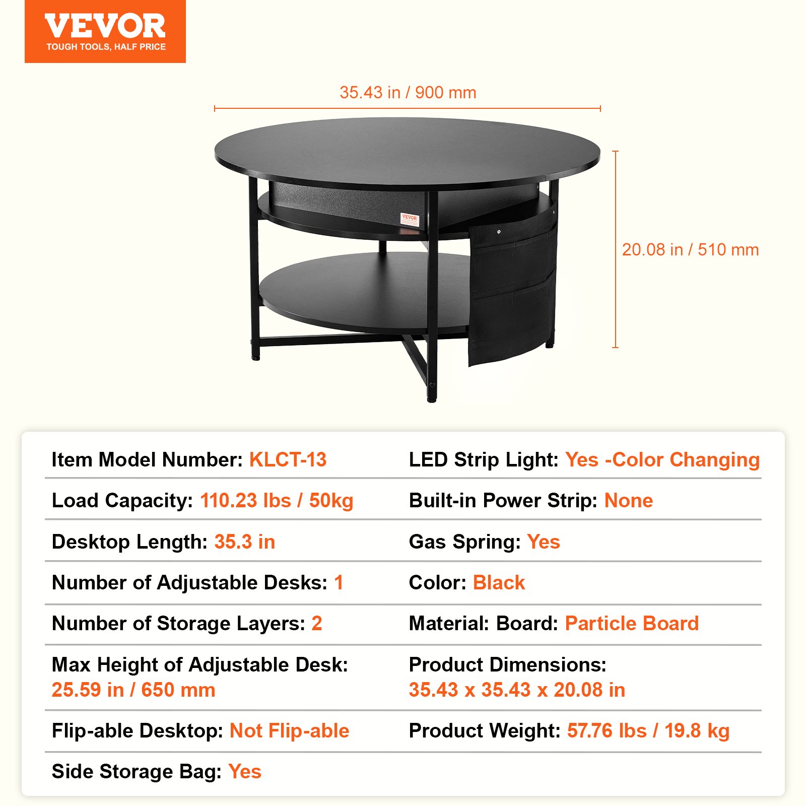 VEVOR salontafel met opklapbaar blad, ronde salontafel van 35,3 inch met extra opbergvakken, opvouwbare salontafel voor de woonkamer, zwart