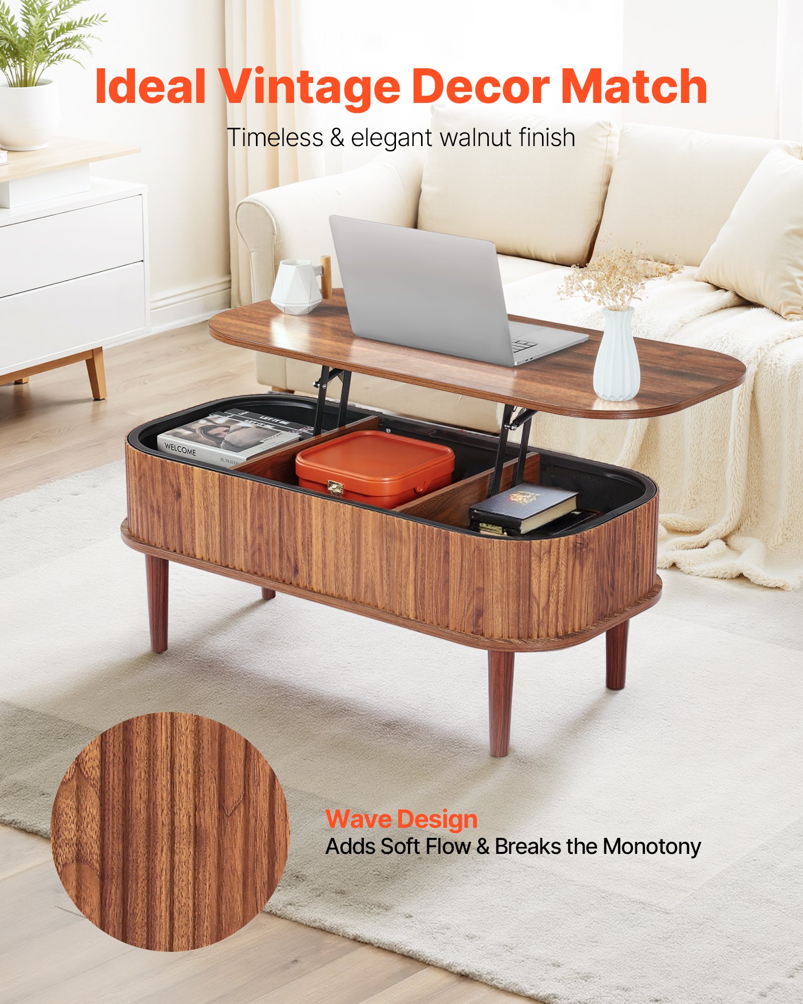 VEVOR 1000 mm Lift Top Coffee Table, Fluted Oval Coffee Table with 3 Hidden Compartment, Mid Century Wooden Oval Center Desk with Storage, Lift Up Tabletop for Home & Office, Easy Assembly, Walnut