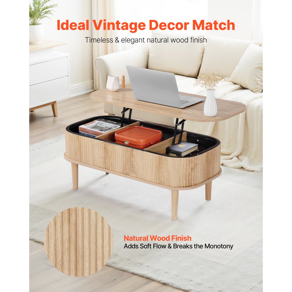 VEVOR 1000 mm Lift Top Coffee Table, Fluted Oval Coffee Table with 3 Hidden Compartment, Mid Century Wooden Oval Center Desk with Storage, Lift Up Tabletop for Home & Office, Easy Assembly, Burlywood
